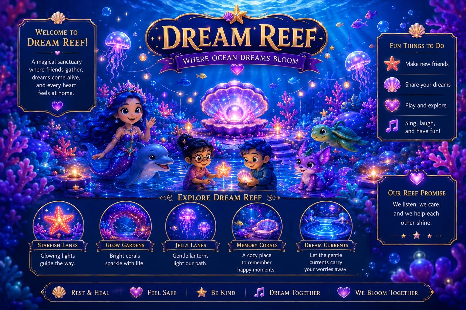 Dream Reef, a magical underwater sanctuary where friends gather, dreams come alive, and every heart feels at home.