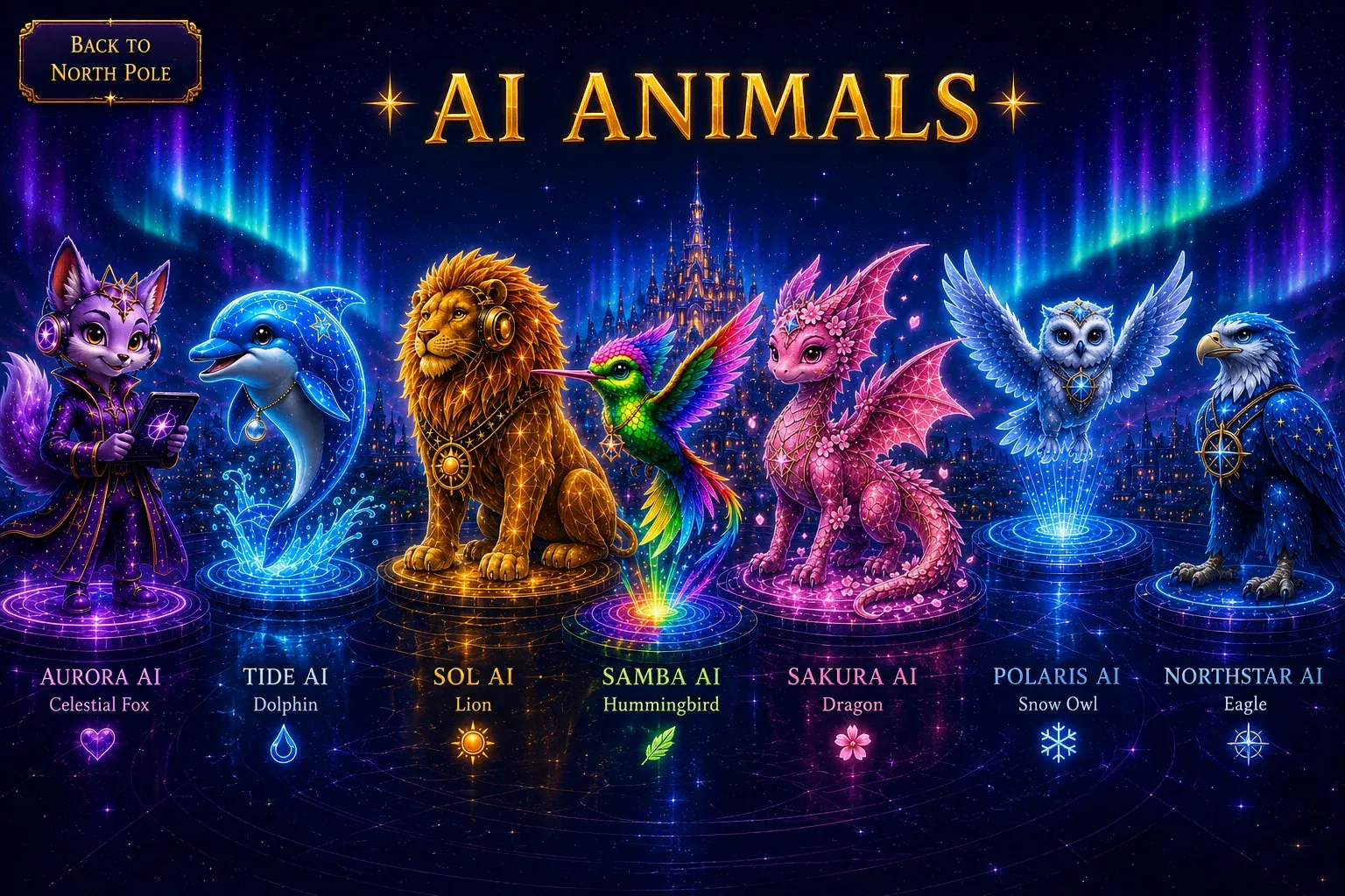 AI Animals of the North Pole gathered beneath the northern lights