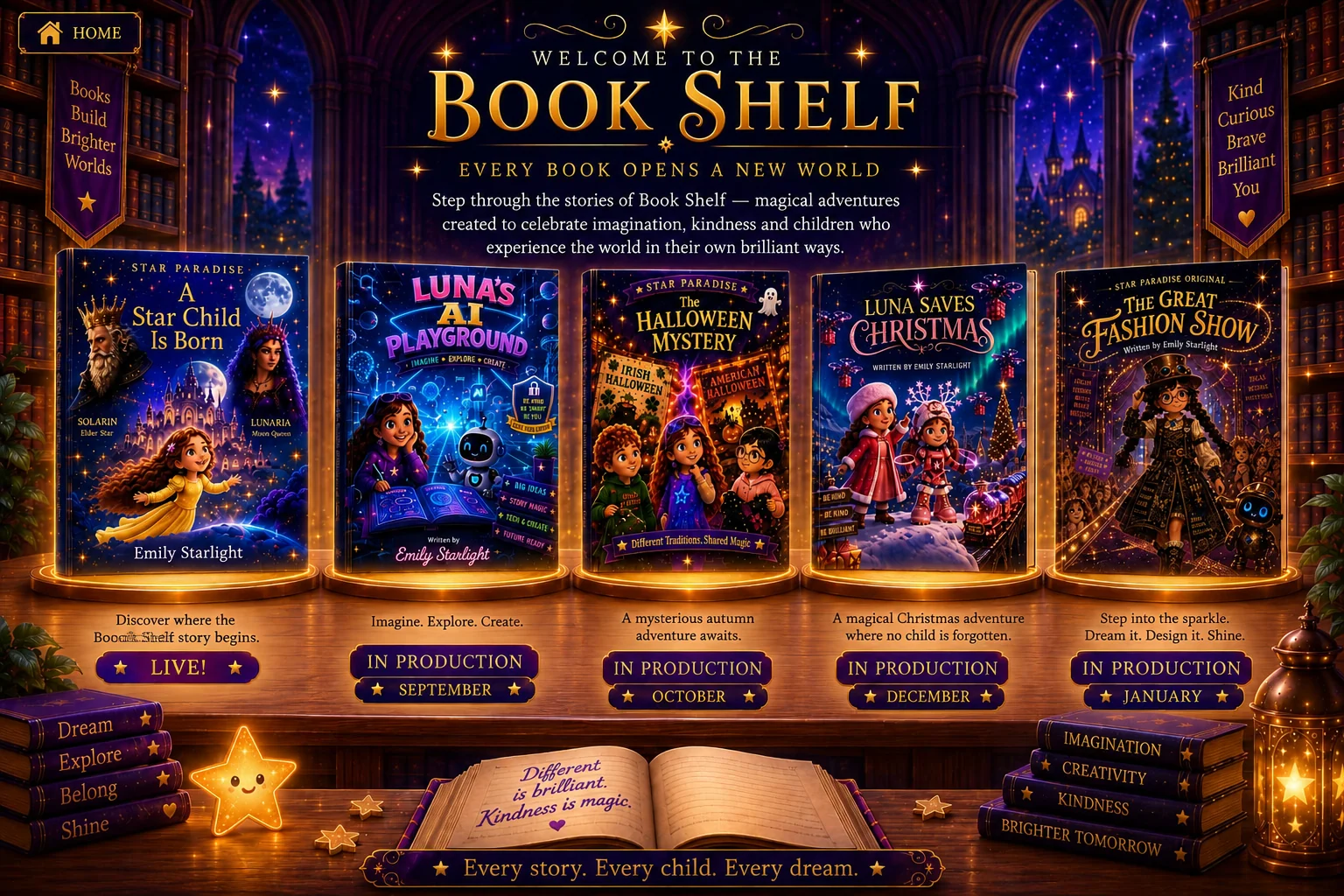 Star Paradise Library Books page with featured books and coming soon titles