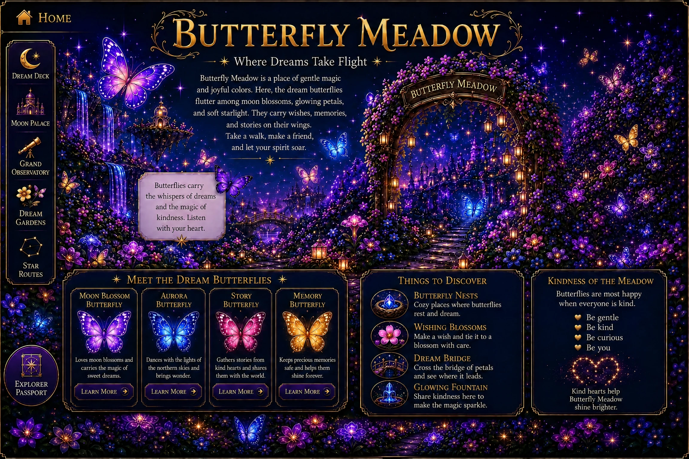 Butterfly Meadow - Where Dreams Take Flight. A place of gentle magic and joyful colors where dream butterflies flutter among moon blossoms, glowing petals, and soft starlight.