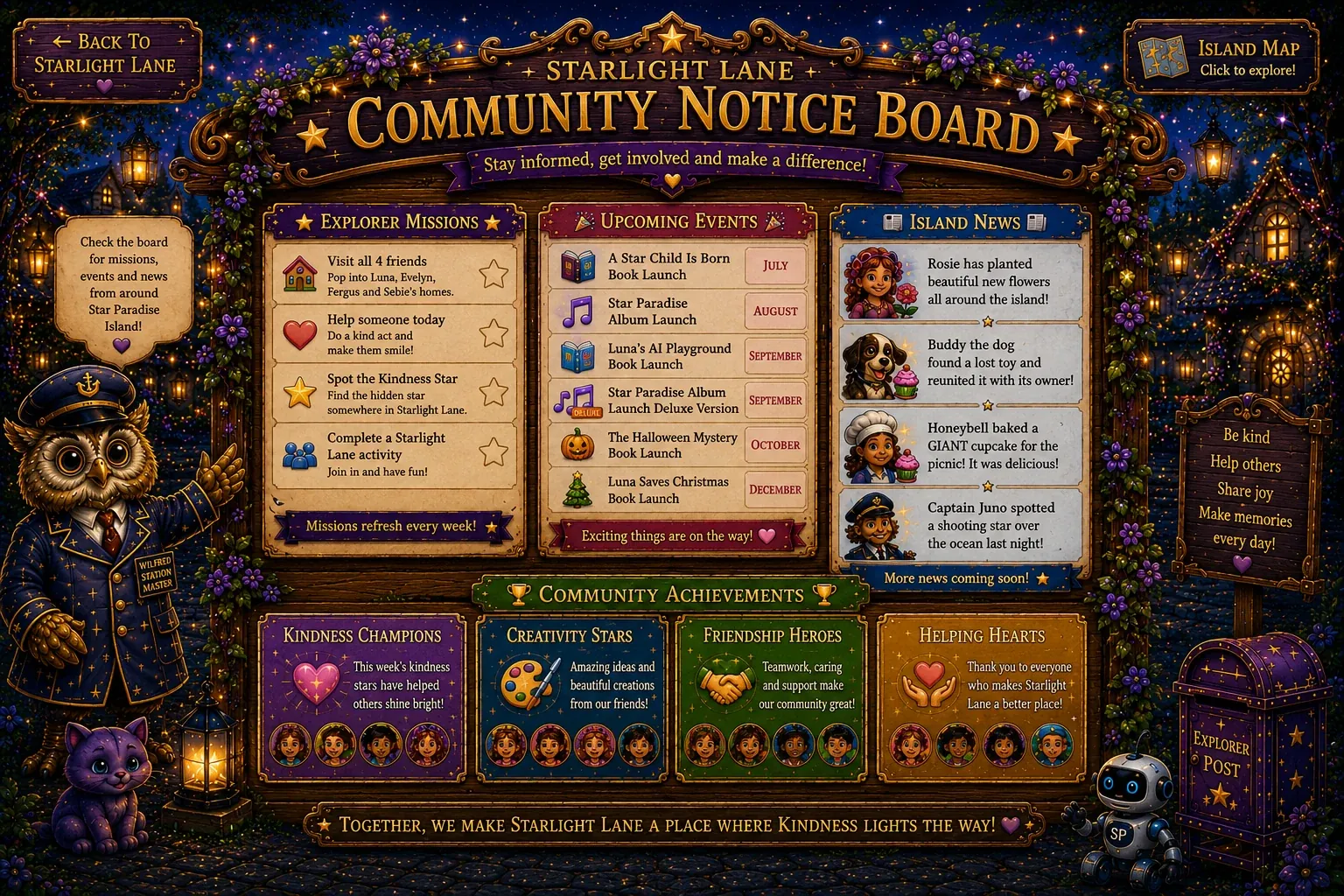 Starlight Lane Community Notice Board - Stay informed, get involved and make a difference! Explorer Missions, Upcoming Events, Island News, and Community Achievements.