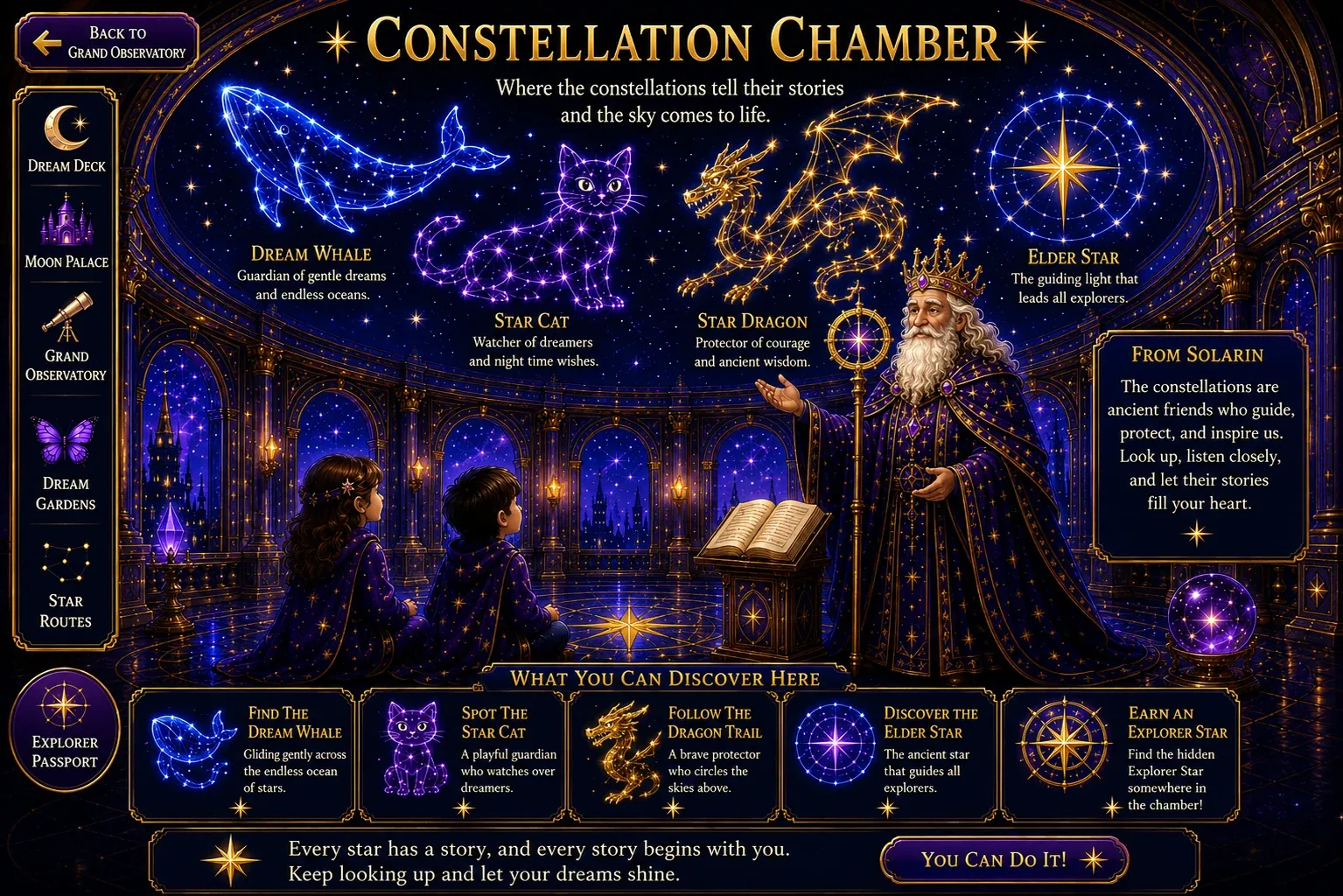 Constellation Chamber - Where the constellations tell their stories and the sky comes to life. Dream Whale, Star Cat, Star Dragon, Elder Star.
