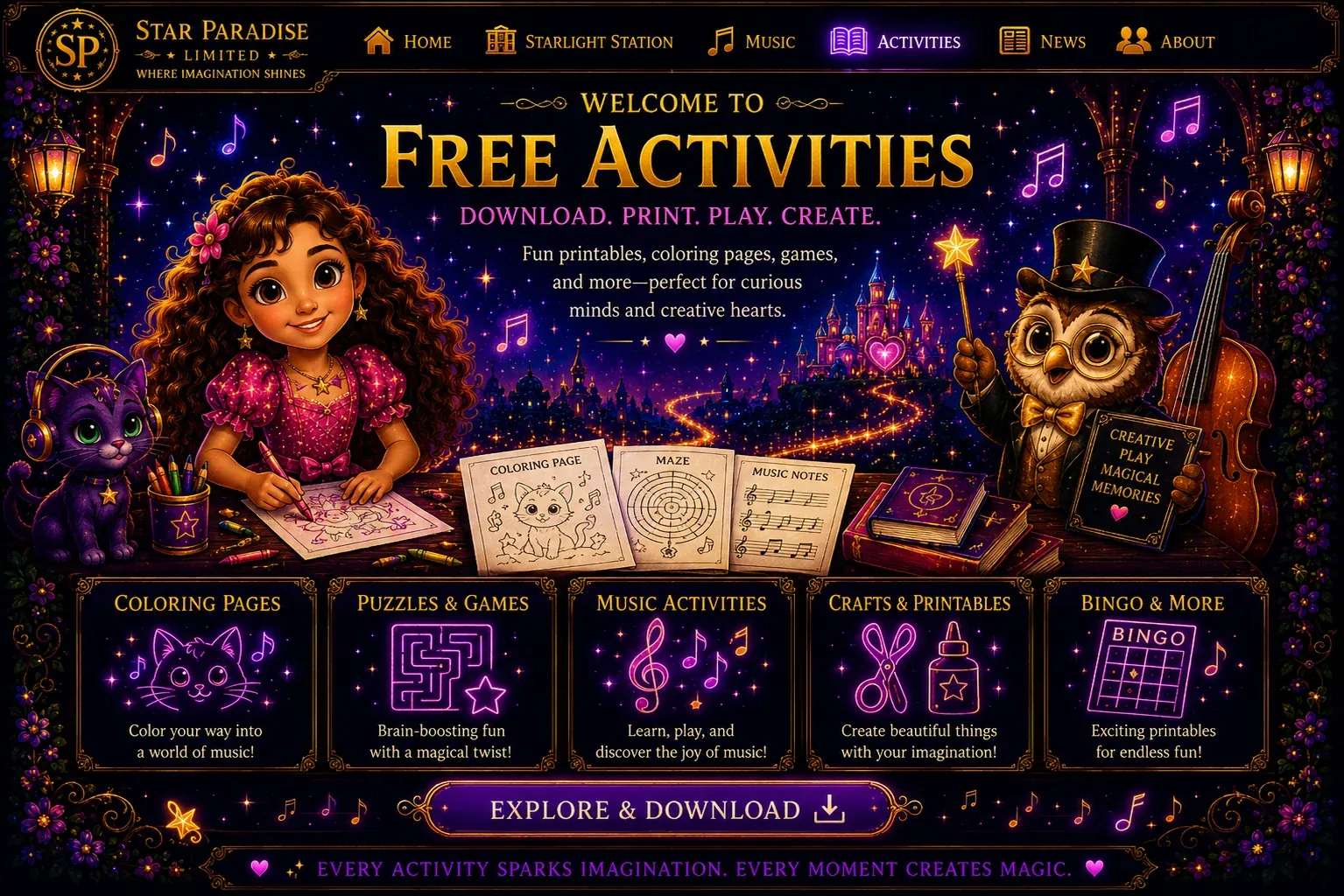Free Activities at Star Paradise with coloring pages, puzzles, games, music activities, crafts, printables, bingo, and more