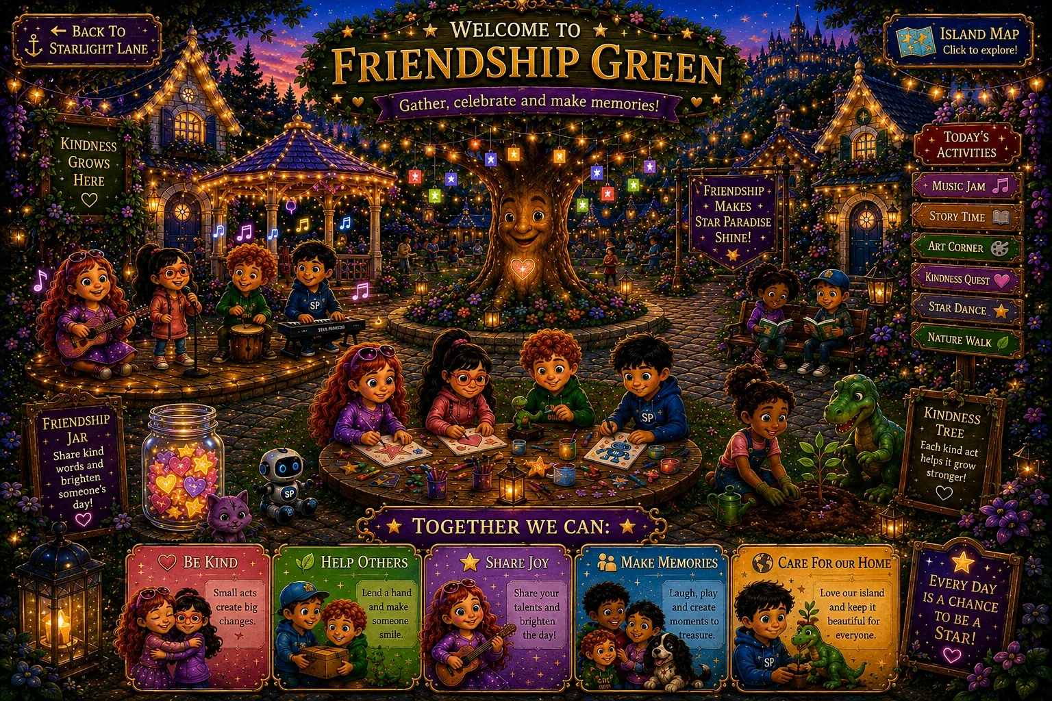Welcome to Friendship Green - Gather, celebrate and make memories! The Kindness Tree grows stronger with every kind act. Together we can be kind, help others, share joy, make memories, and care for our home.