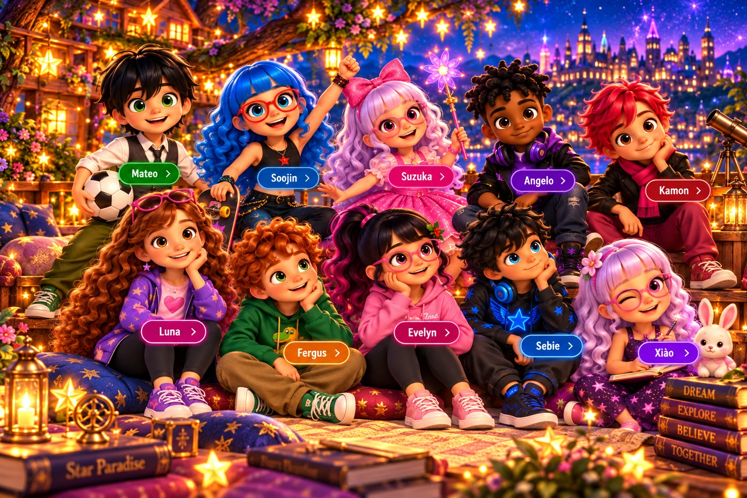Ten Star Paradise friends gathered under magical lanterns: Mateo, Soojin, Suzuka, Angelo, Kamon, Luna, Fergus, Evelyn, Sebie and Xiao.