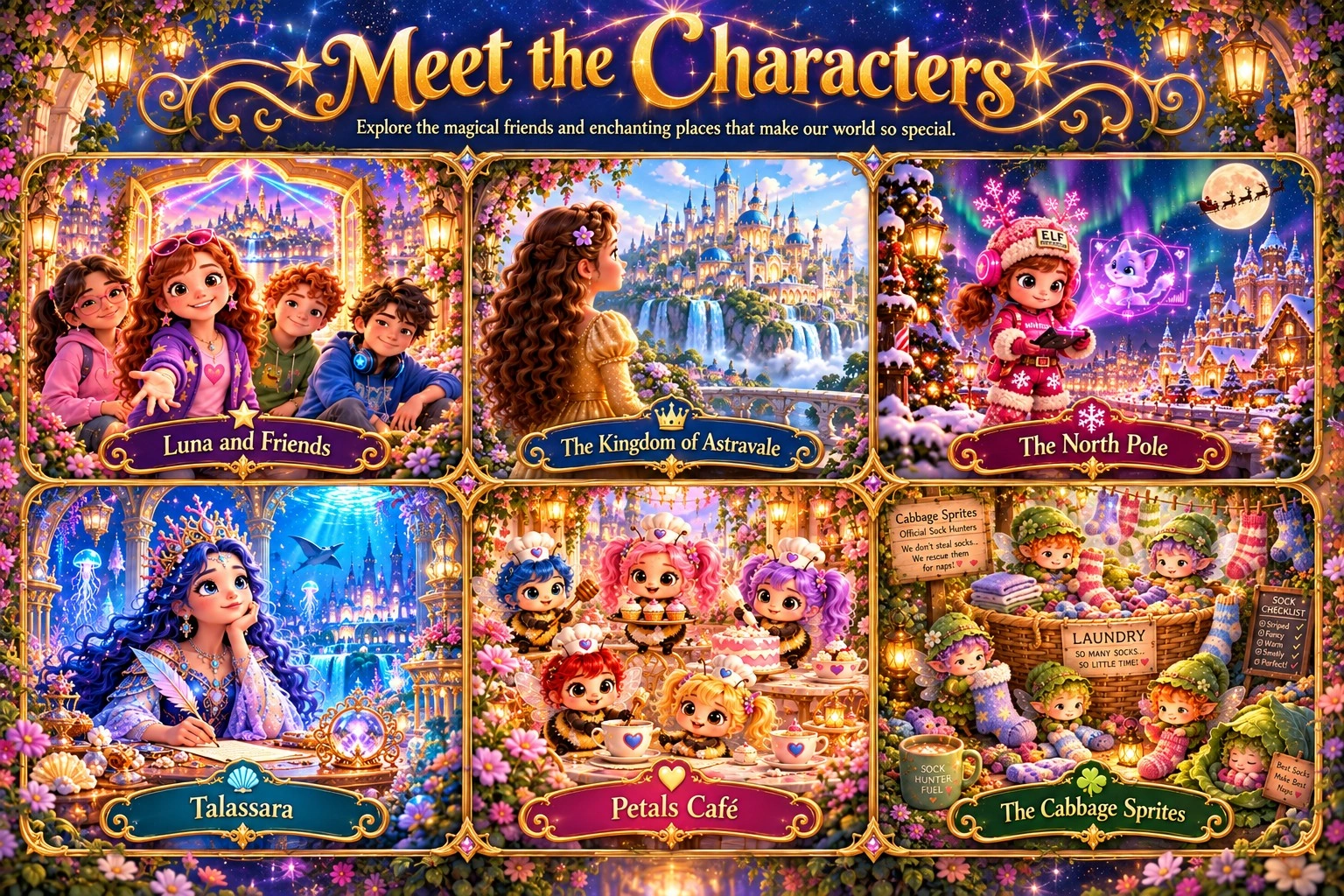Meet the Characters: Luna and Friends, Kingdom of Astravale, Petals Café, Kingdom of Talassara, the North Pole, and the Sprites.