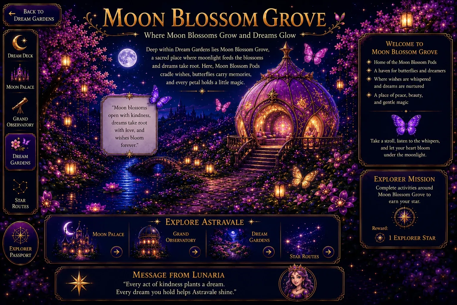 Moon Blossom Grove - Where Moon Blossoms Grow and Dreams Glow. Deep within Dream Gardens lies Moon Blossom Grove, a sacred place where moonlight feeds the blossoms and dreams take root.