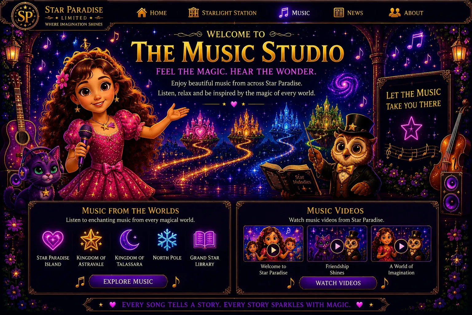 The Music Studio at Star Paradise with Luna, magical worlds, music videos, and music from the worlds