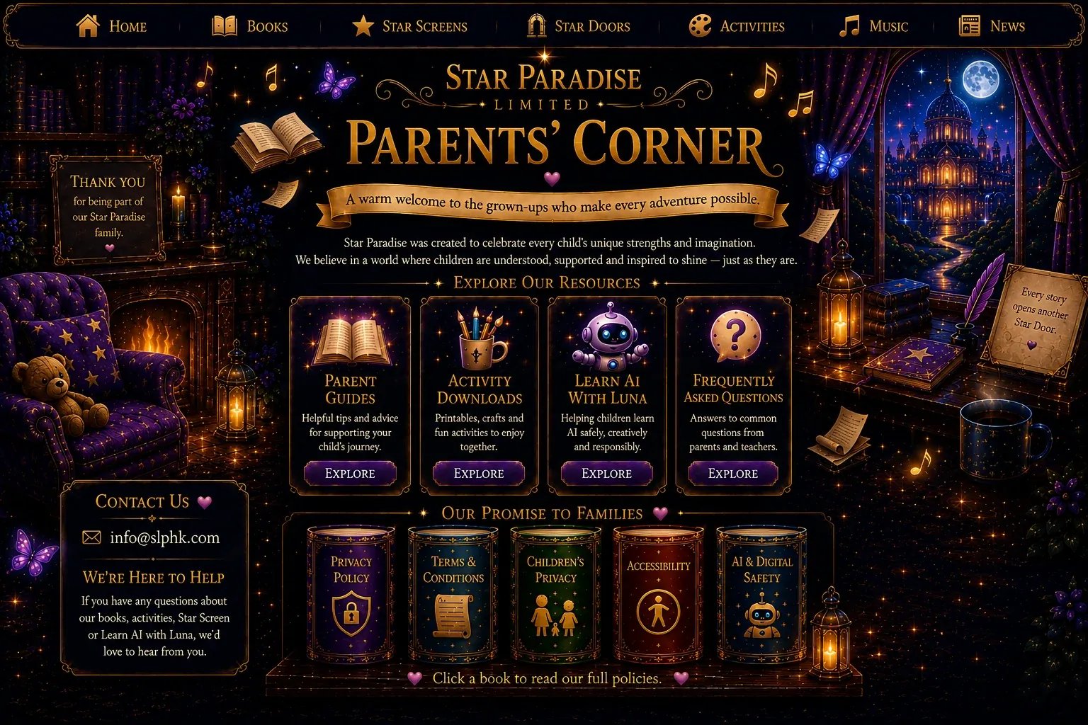 Star Paradise Parents' Corner with guides, activity downloads, Learn AI with Luna, frequently asked questions, and family policies