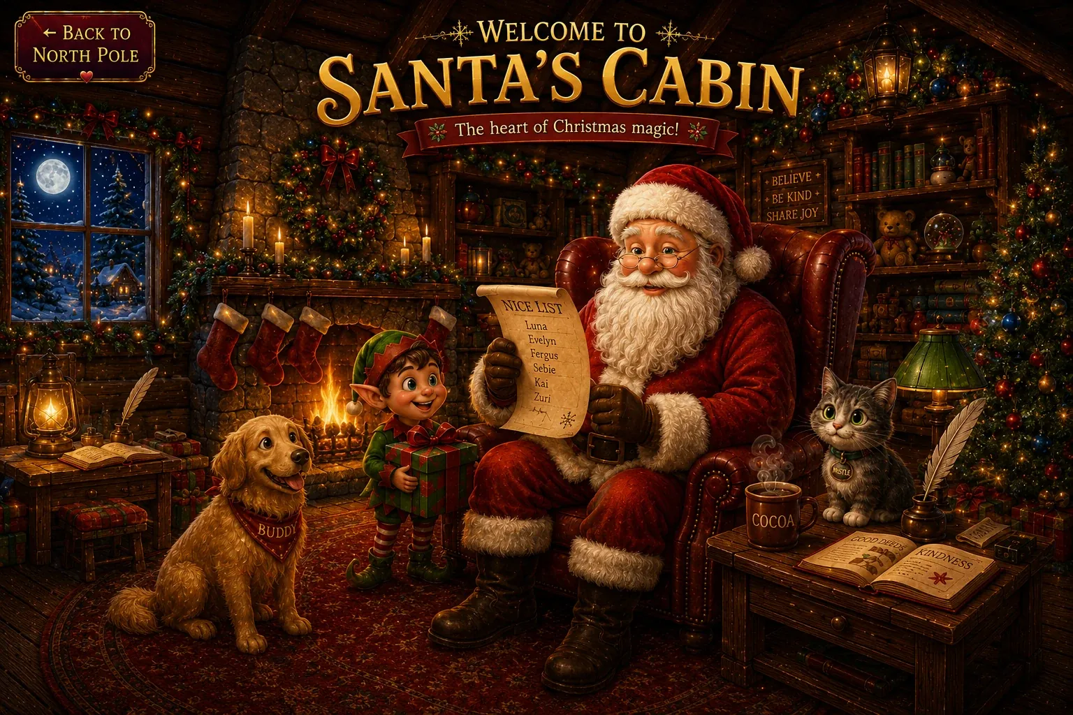 Santa's Cabin at the North Pole, where Santa reads the nice list beside the fire with Buddy and the cabin cat.