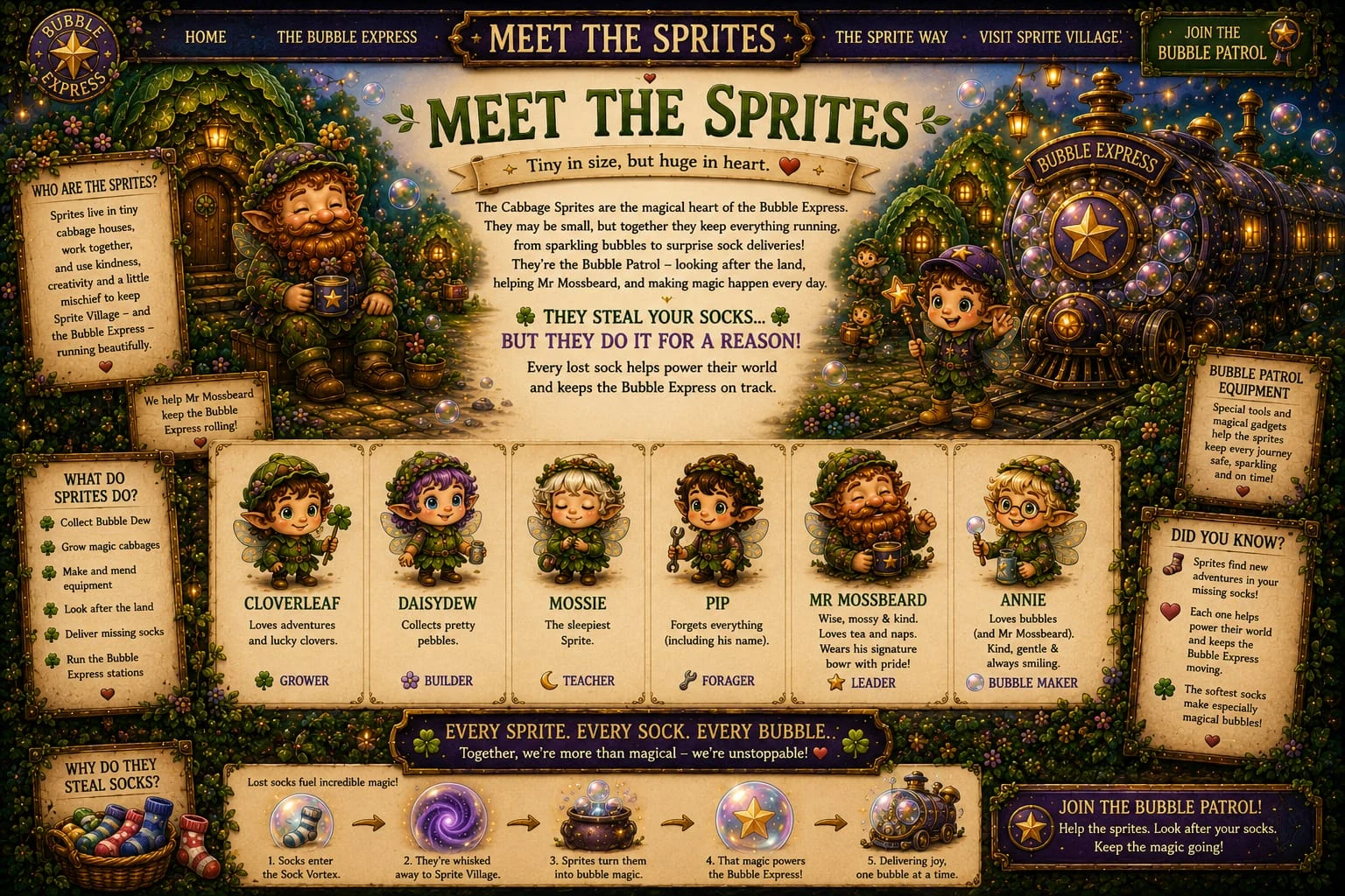 Meet the Sprites: Cabbage Sprites, Bubble Patrol, and the characters Cloverleaf, Daisydew, Mossie, Pip, Mr Mossbeard, and Annie.