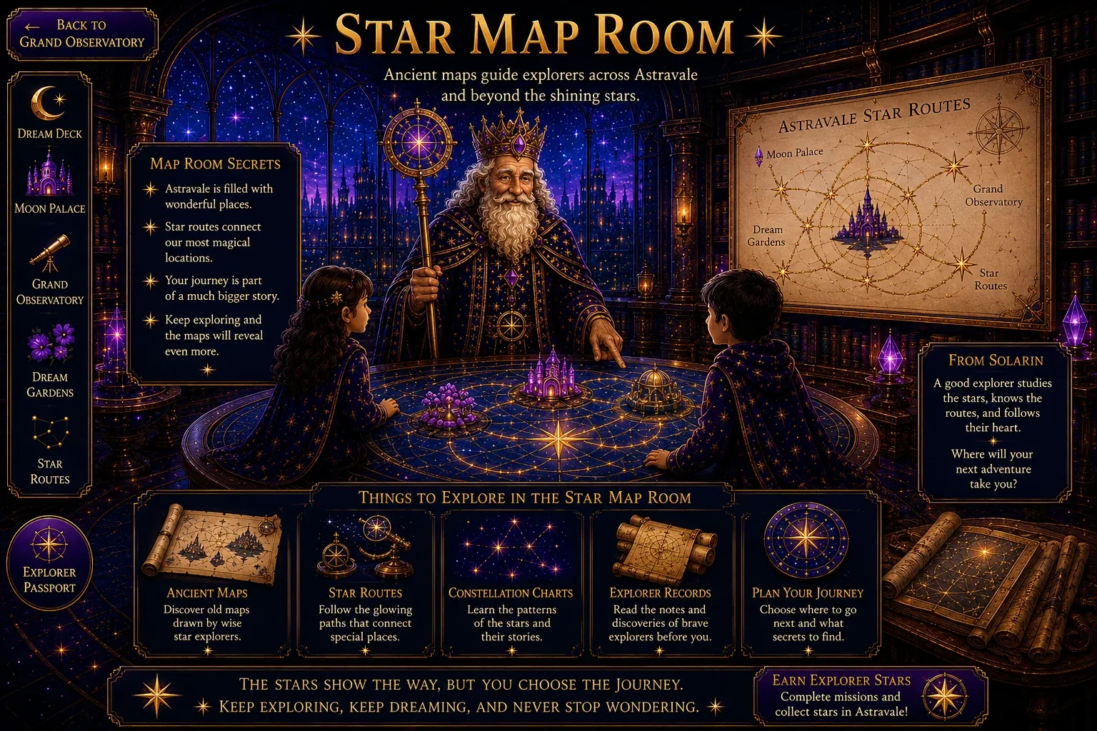 Star Map Room - Ancient maps guide explorers across Astravale and beyond the shining stars.
