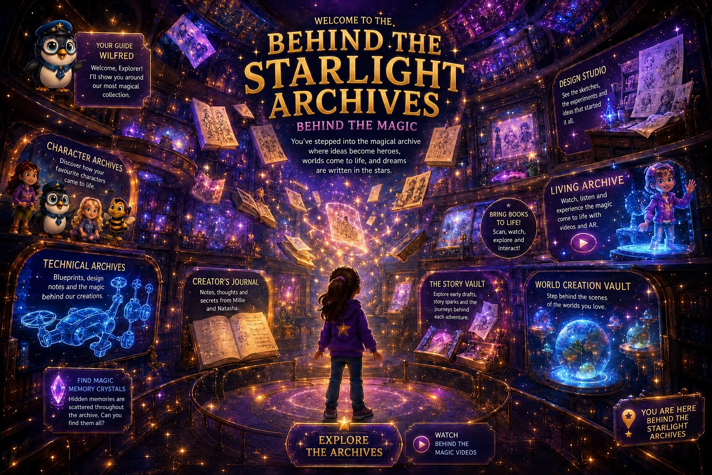 Welcome to the Starlight Archives – Behind the Magic. An enchanted archive room with glowing books, floating pages, and magical displays showing Character Archives, Design Studio, Technical Archives, Creator's Journal, The Story Vault, World Creation Vault, Living Archive, and more.