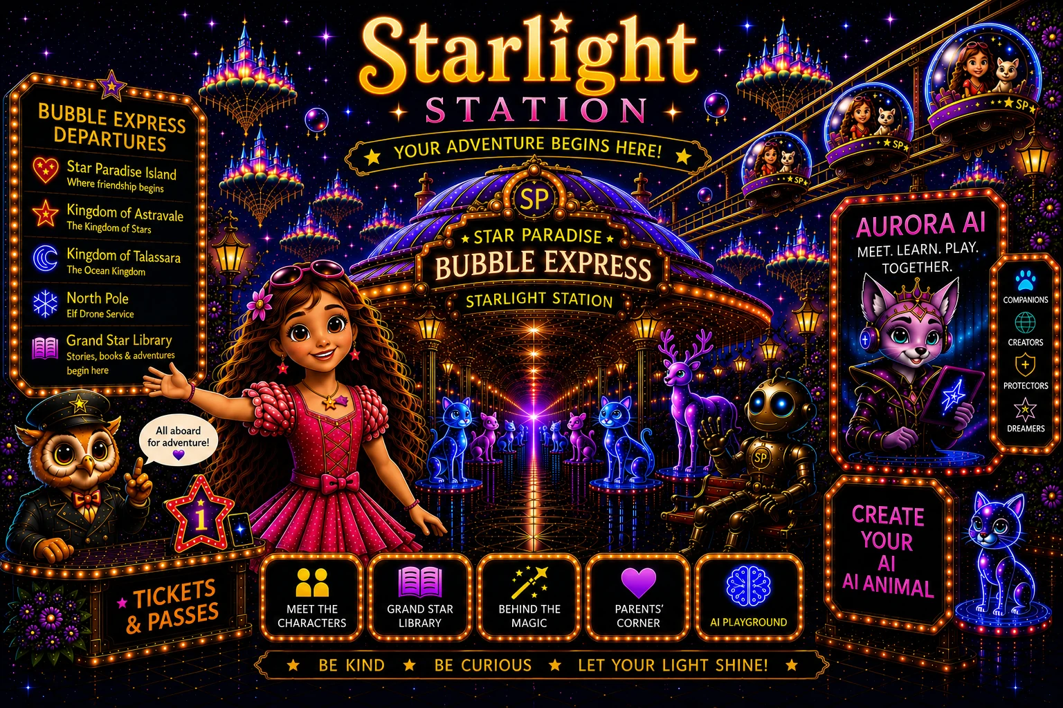 Official Starlight Station landing page with Luna, Wilfred, Aurora AI, Bubble Express departures and activity buttons.