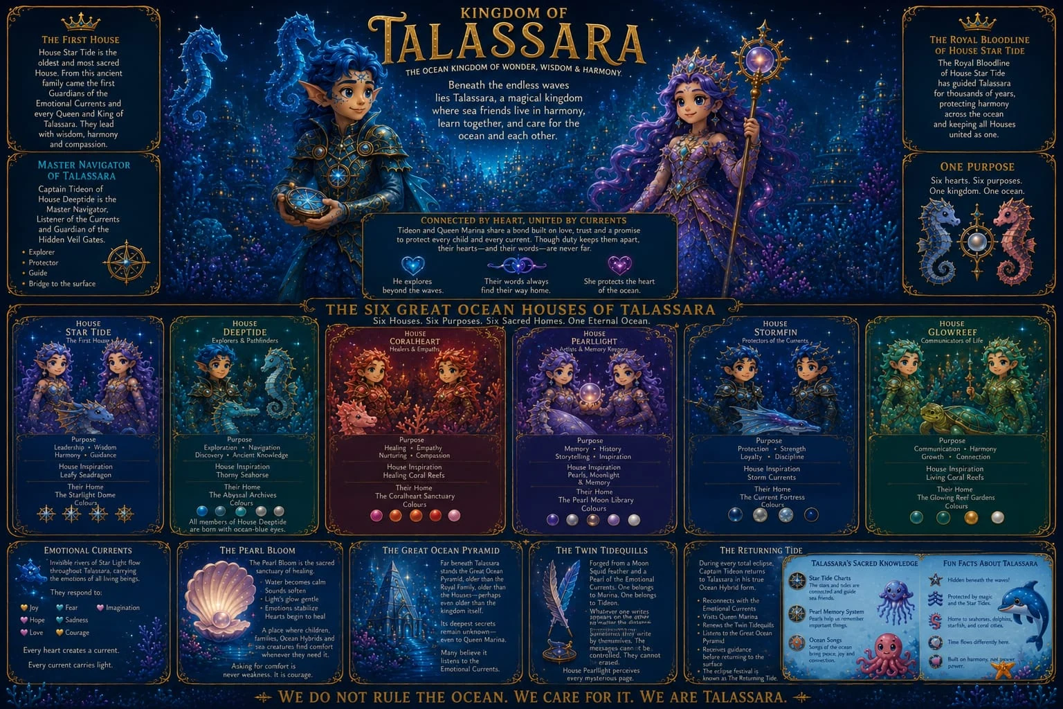 Kingdom of Talassara character atlas showing Queen Marina, Captain Tideon, the six ocean houses, and the sacred knowledge of Talassara.