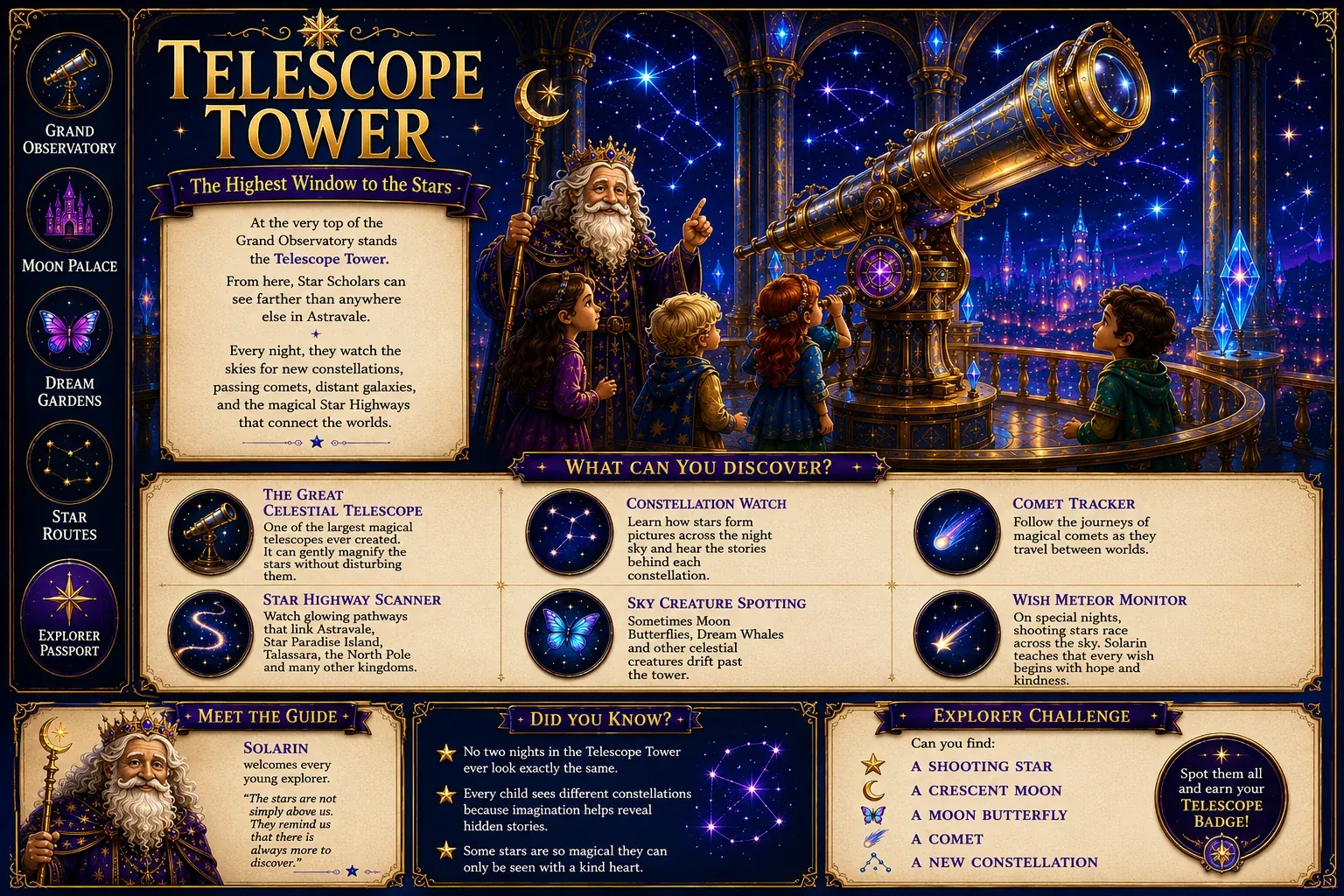 Telescope Tower - The Highest Window to the Stars. At the very top of the Grand Observatory stands the Telescope Tower.