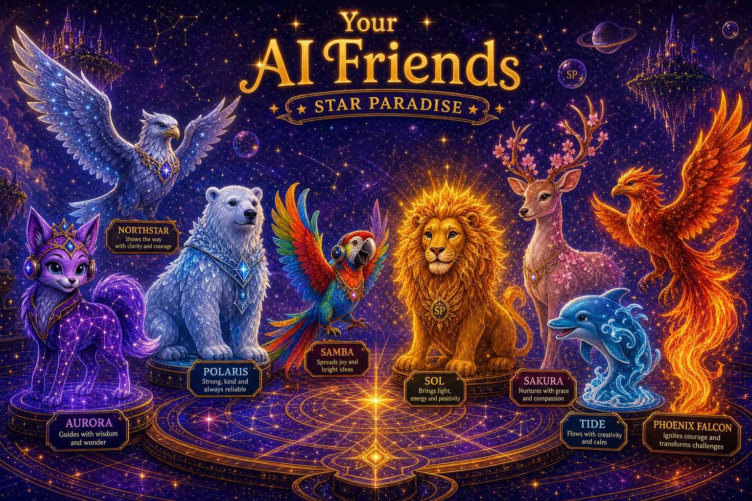 All eight AI Friends of Star Paradise gathered together