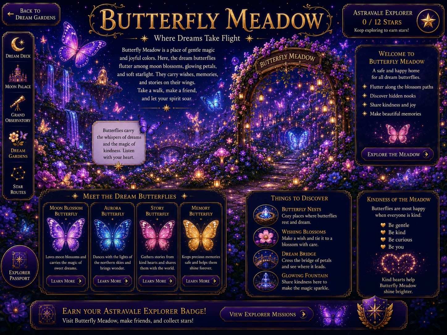 Butterfly Meadow - Where Dreams Take Flight. A place of gentle magic and joyful colors where dream butterflies flutter among moon blossoms, glowing petals, and soft starlight.