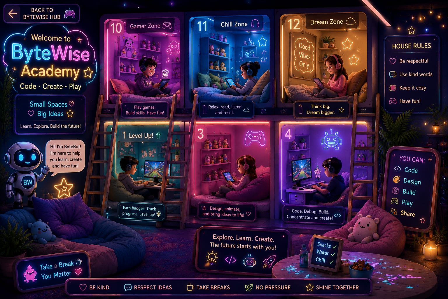 ByteWise Academy - Code, Create, Play! Welcome to the coding and gaming hub where kids learn, explore and build the future.