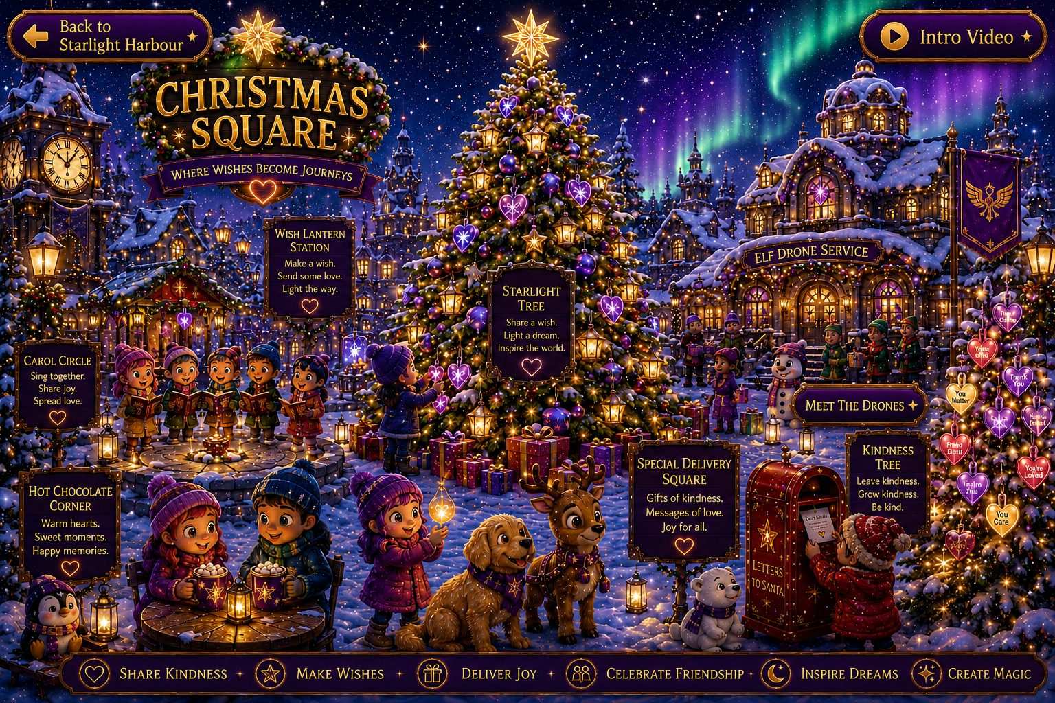 Christmas Square - Where Wishes Become Journeys. Carol Circle, Wish Lantern Station, Starlight Tree, Hot Chocolate Corner, Special Delivery Square, Elf Drone Service, Kindness Tree, Letters to Santa.