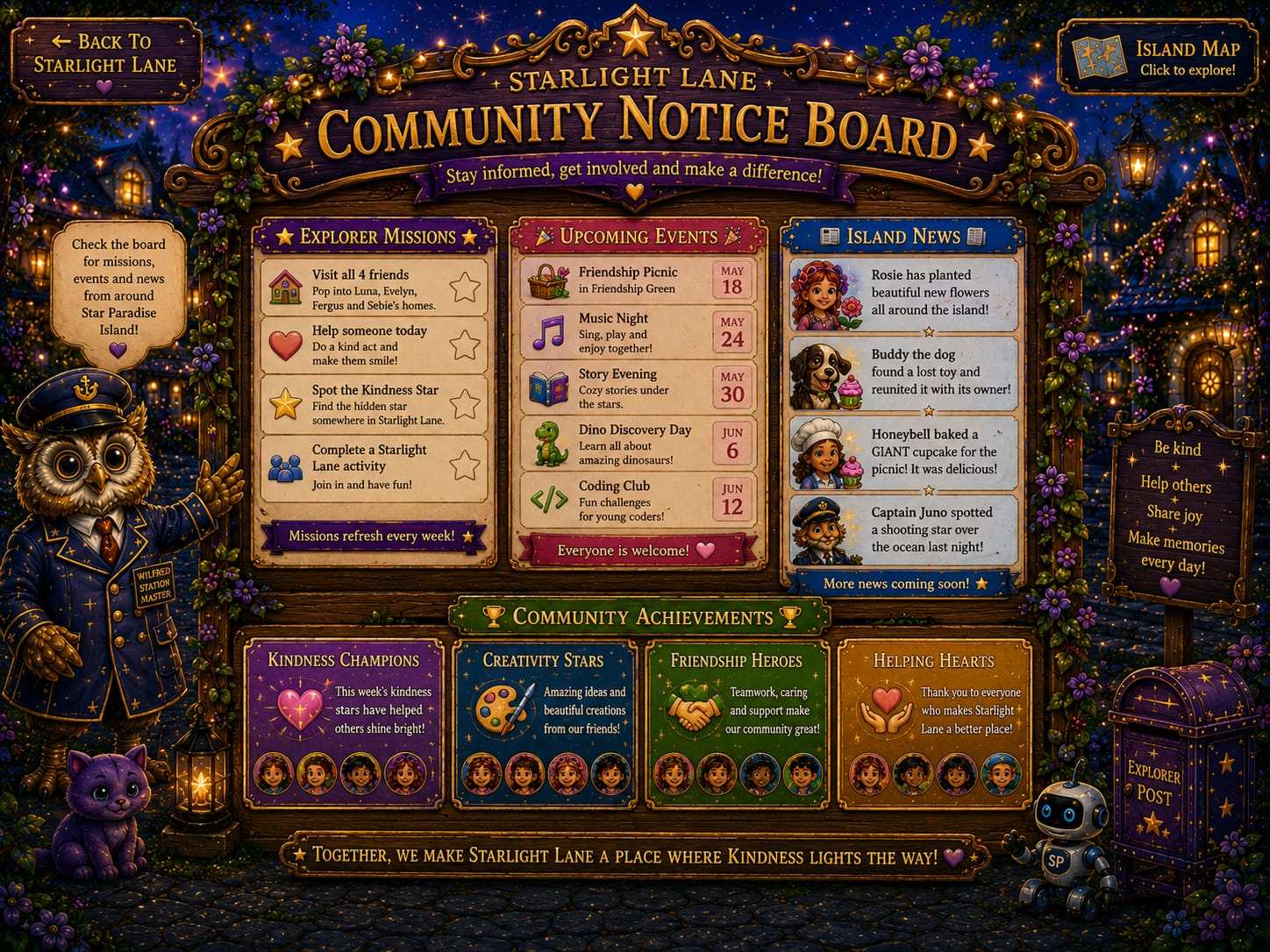 Starlight Lane Community Notice Board - Stay informed, get involved and make a difference! Explorer Missions, Upcoming Events, Island News, and Community Achievements.