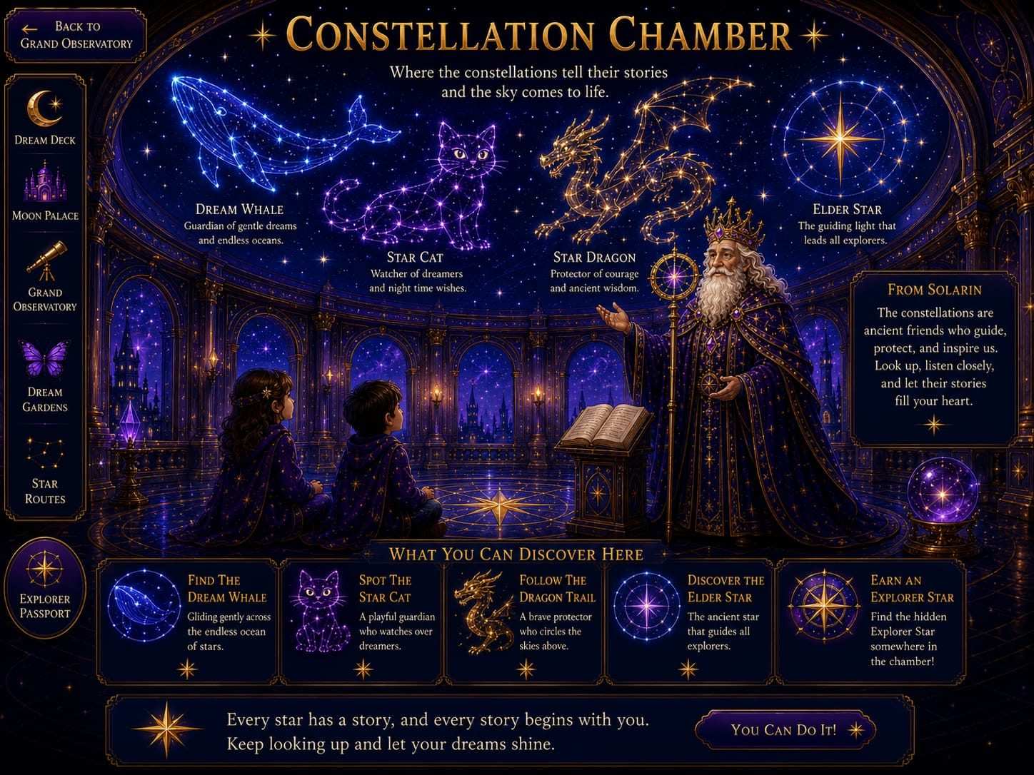 Constellation Chamber - Where the constellations tell their stories and the sky comes to life. Dream Whale, Star Cat, Star Dragon, Elder Star.