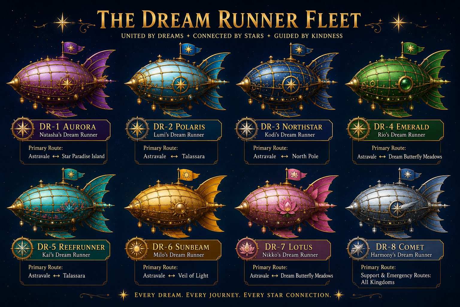 The Dream Runner Fleet - United by Dreams, Connected by Stars, Guided by Kindness. DR-1 Aurora, DR-2 Polaris, DR-3 Northstar, DR-4 Emerald, DR-5 Reefrunner, DR-6 Sunbeam, DR-7 Lotus, DR-8 Comet.