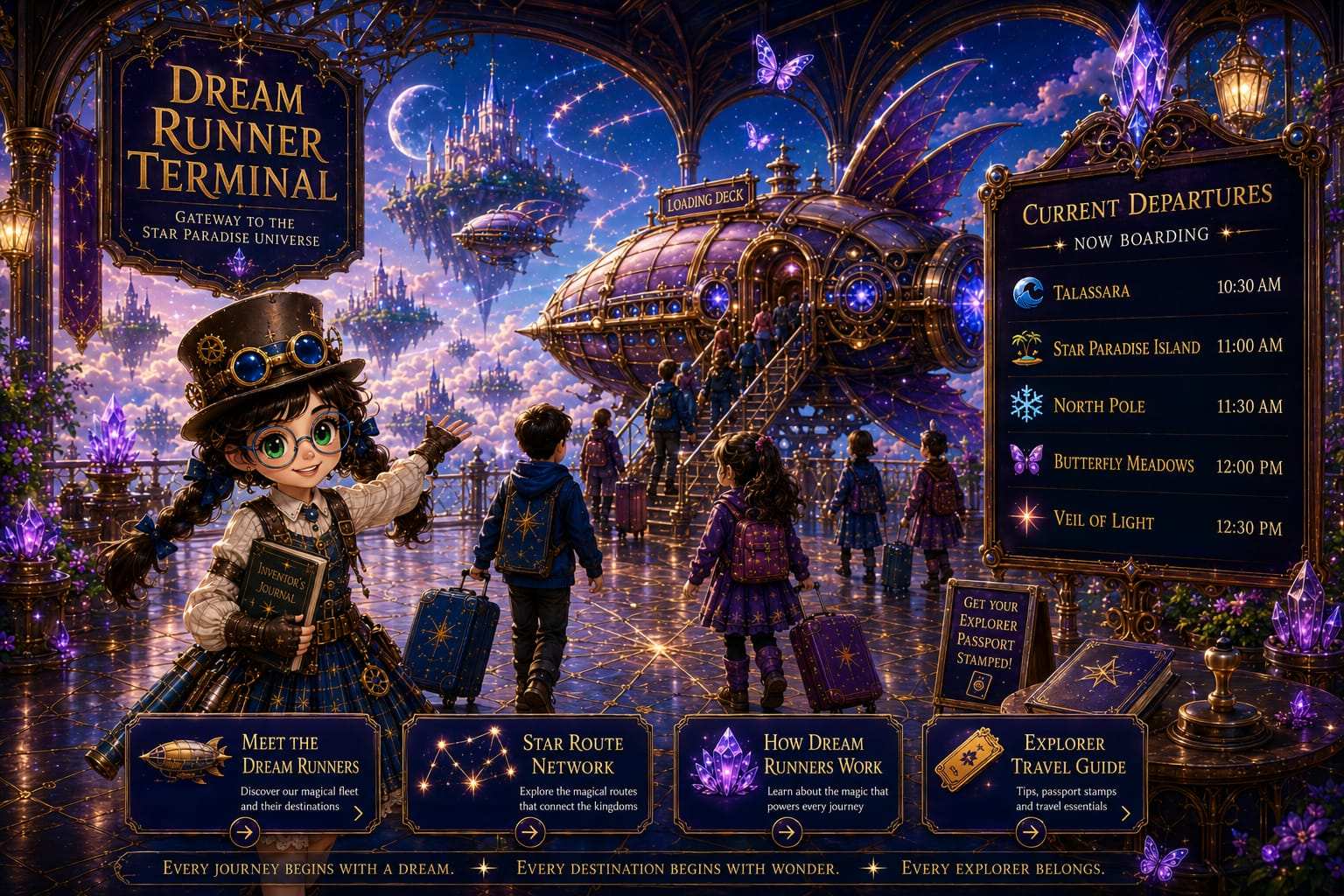Dream Runner Terminal - Gateway to the Star Paradise Universe. Current Departures: Talassara, Star Paradise Island, North Pole, Butterfly Meadows, Veil of Light.