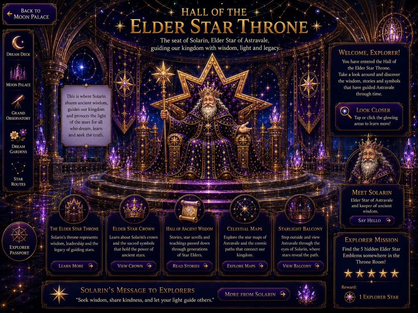 Hall of the Elder Star Throne - The seat of Solarin, Elder Star of Astravale, guiding our kingdom with wisdom, light and legacy.