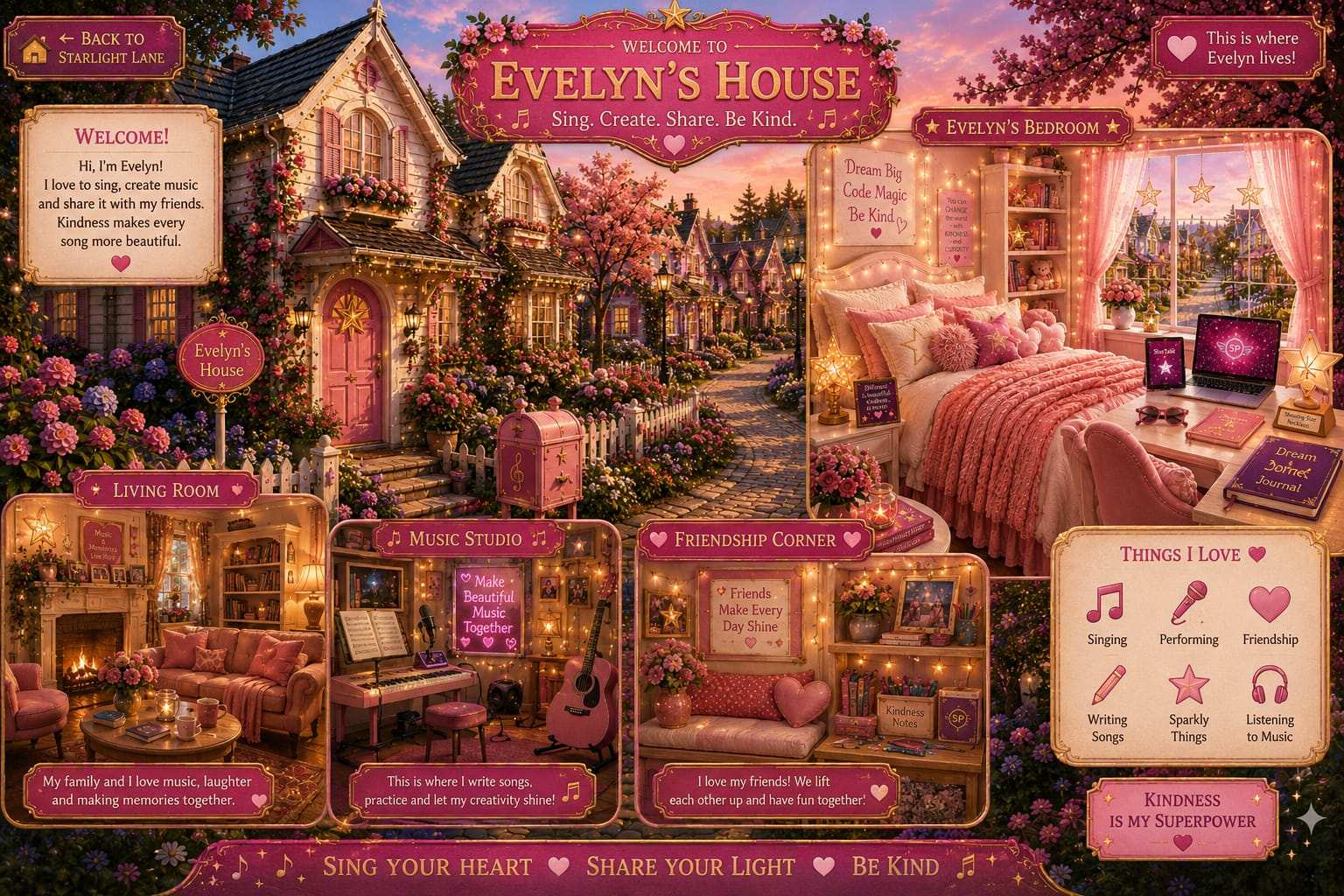 Welcome to Evelyn's House - Sing. Create. Share. Be Kind. Evelyn loves to sing, create music and share it with friends. Kindness makes every song more beautiful.