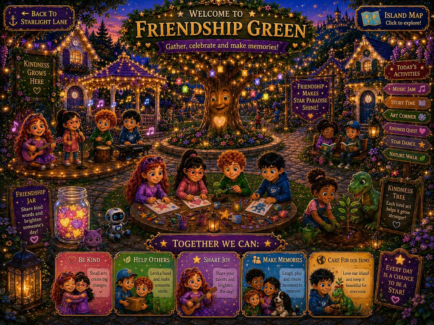 Welcome to Friendship Green - Gather, celebrate and make memories! The Kindness Tree grows stronger with every kind act. Together we can be kind, help others, share joy, make memories, and care for our home.