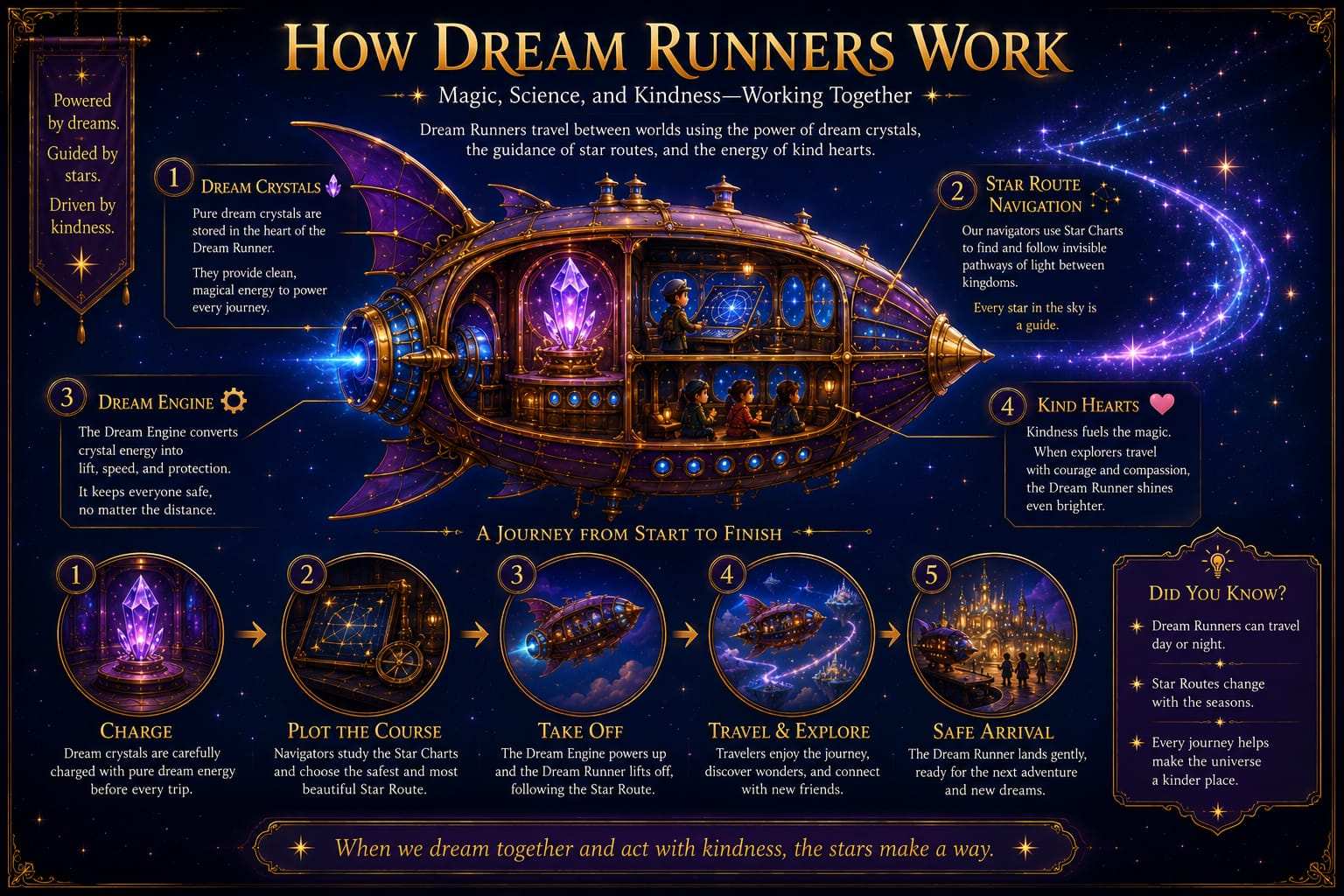 How Dream Runners Work - Magic, Science, and Kindness Working Together. Dream Runners travel between worlds using dream crystals, star routes, and the energy of kind hearts.