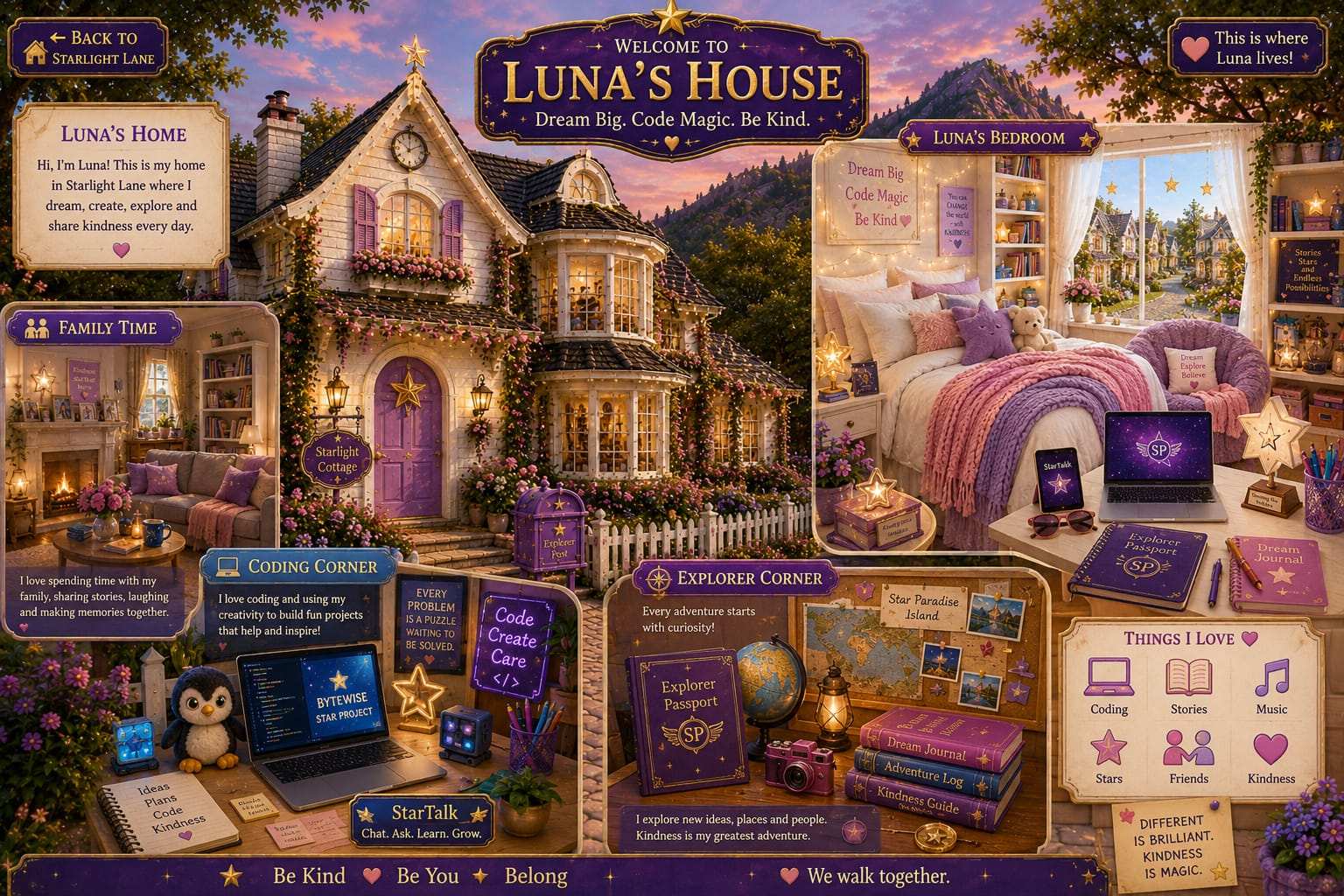 Welcome to Luna's House - Dream Big. Code Magic. Be Kind. Luna's home in Starlight Lane where she dreams, creates, explores and shares kindness every day.