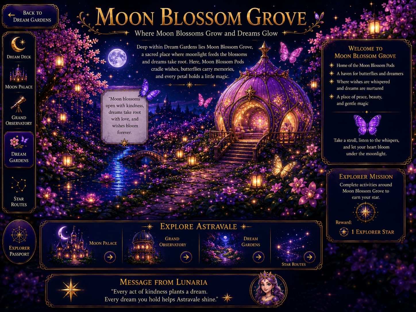 Moon Blossom Grove - Where Moon Blossoms Grow and Dreams Glow. Deep within Dream Gardens lies Moon Blossom Grove, a sacred place where moonlight feeds the blossoms and dreams take root.