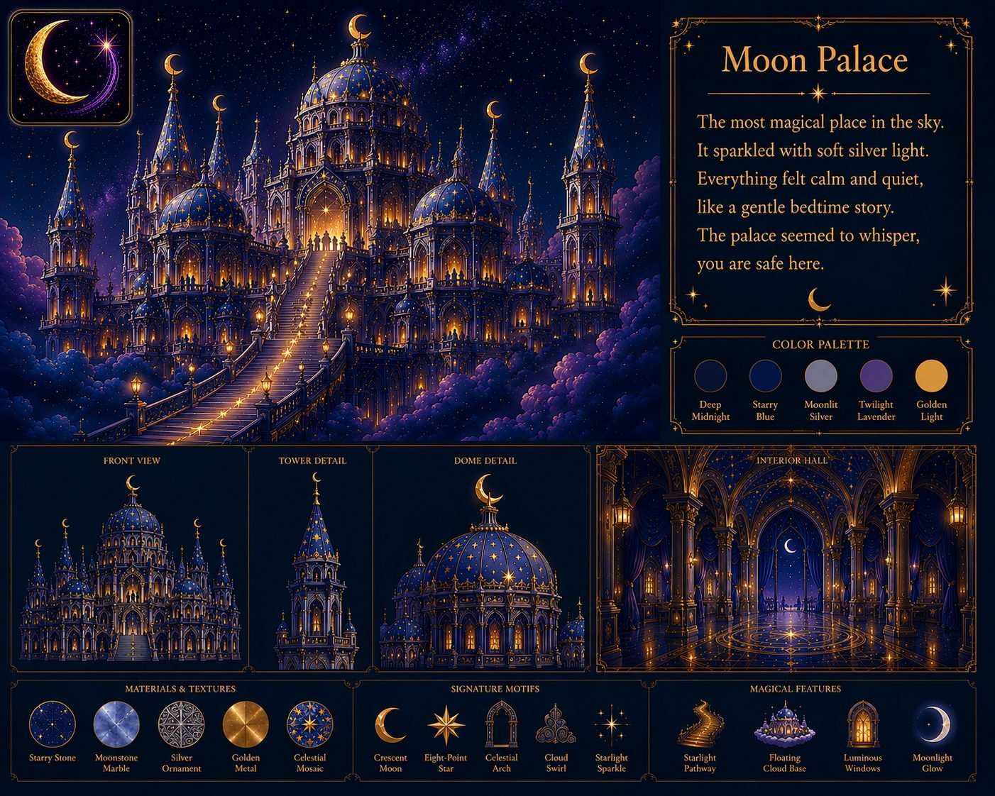 Moon Palace architectural design - Front view, tower detail, dome detail, interior hall. Materials, textures, signature motifs and magical features.