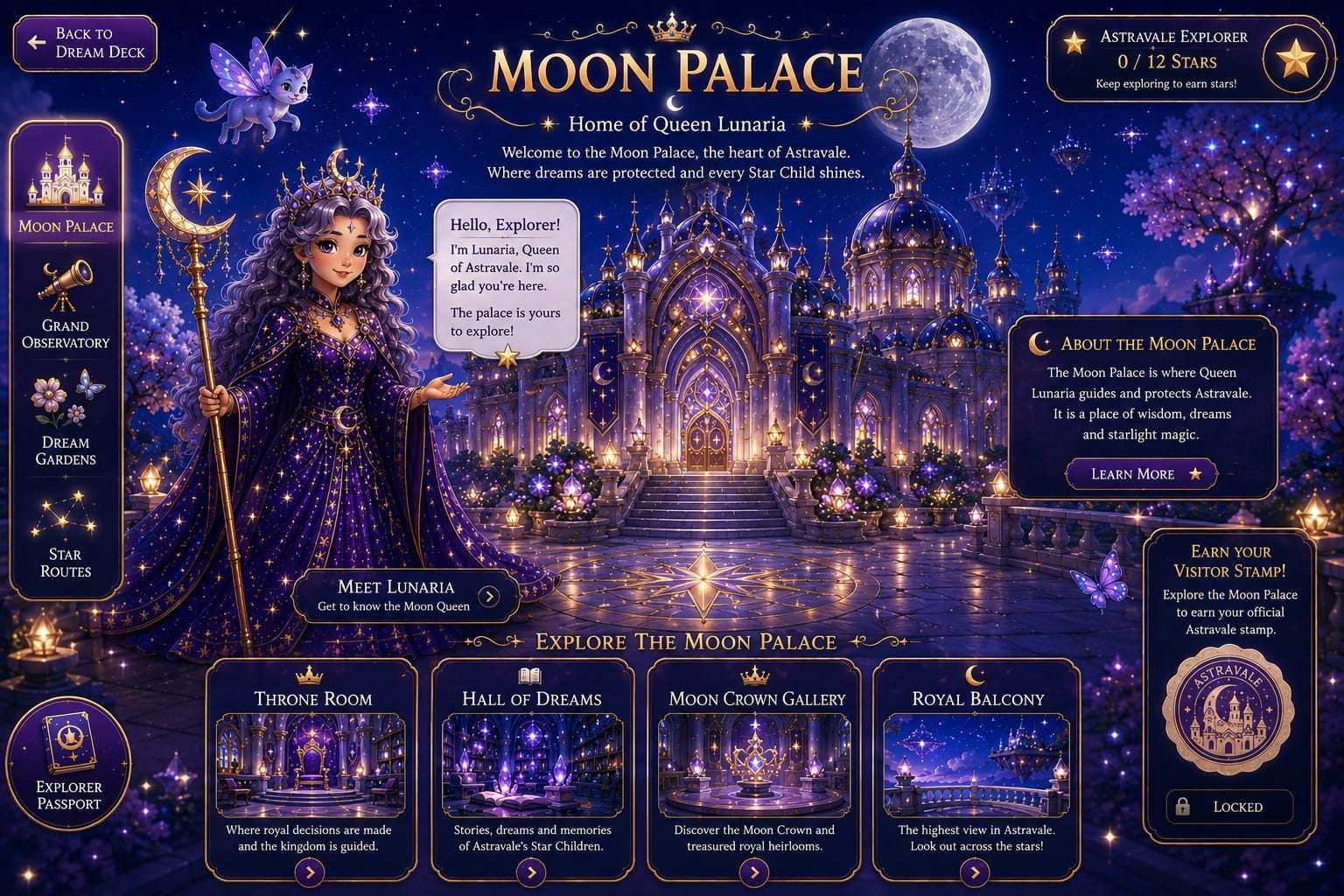 Moon Palace - Home of Queen Lunaria. Welcome to the Moon Palace, the heart of Astravale. Where dreams are protected and every Star Child shines.