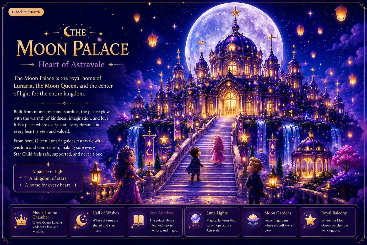 The Moon Palace - Heart of Astravale. The Moon Palace is the royal home of Lunaria, the Moon Queen, and the center of light for the entire kingdom.