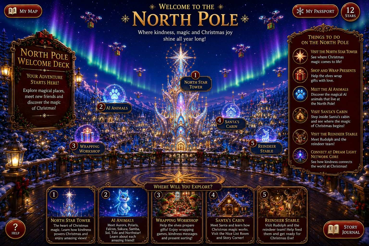 North Pole Welcome Deck landing page with North Star Tower, AI Animals, Wrapping Workshop, Santa Cabin and Reindeer Stable.