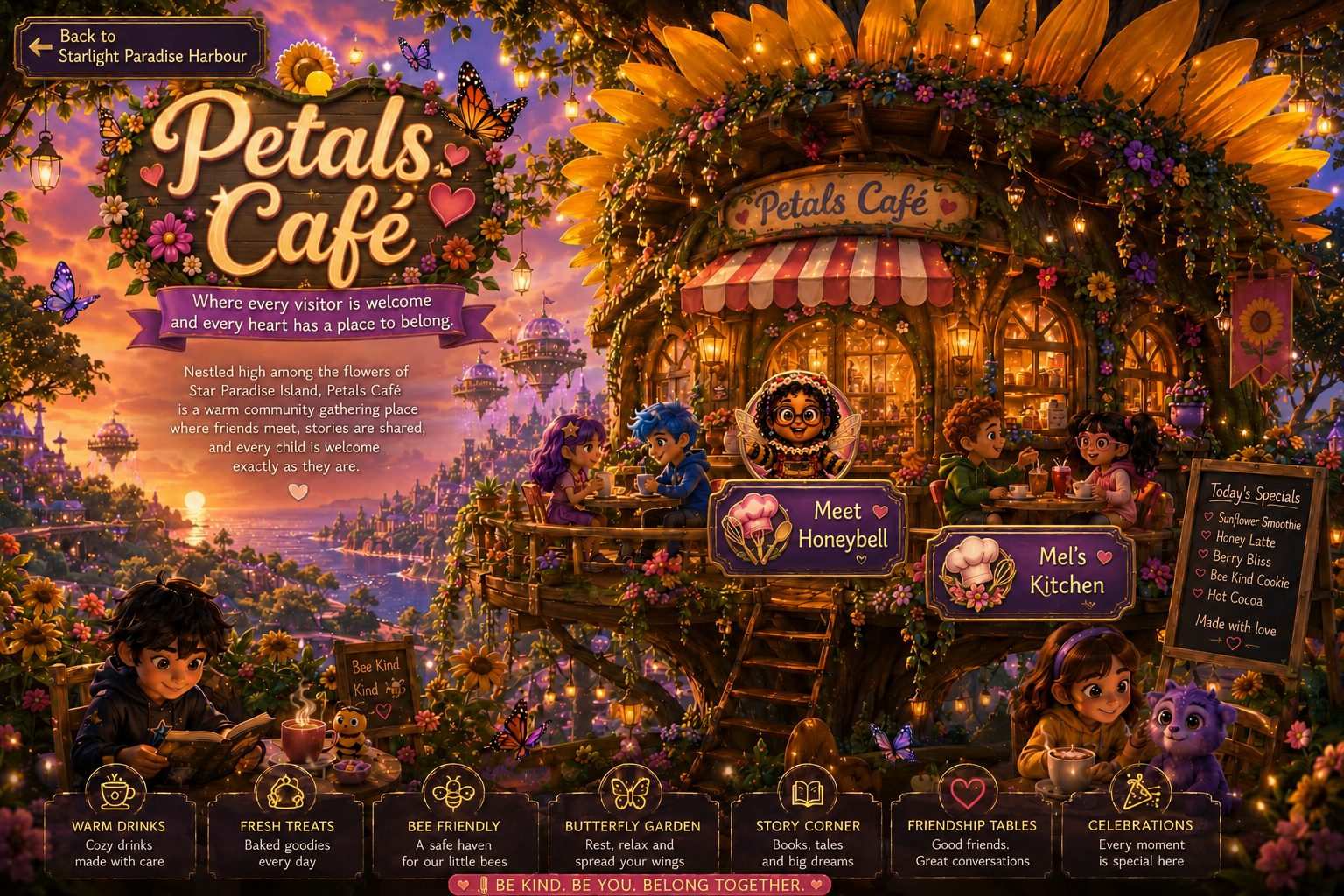 Petals Cafe - Where every visitor is welcome and every heart has a place to belong. A warm community gathering place where friends meet, stories are shared, and every child is welcome exactly as they are.