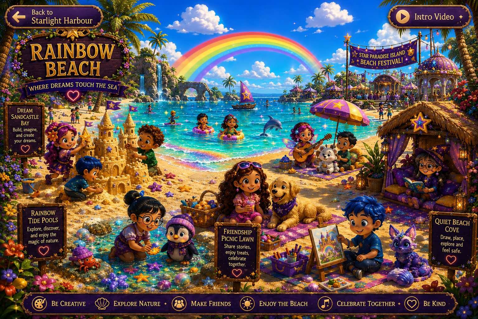 Rainbow Beach - Where Dreams Touch the Sea. Dream Sandcastle Bay, Rainbow Tide Pools, Friendship Picnic Lawn, Quiet Beach Cove, and Star Paradise Island Beach Festival.