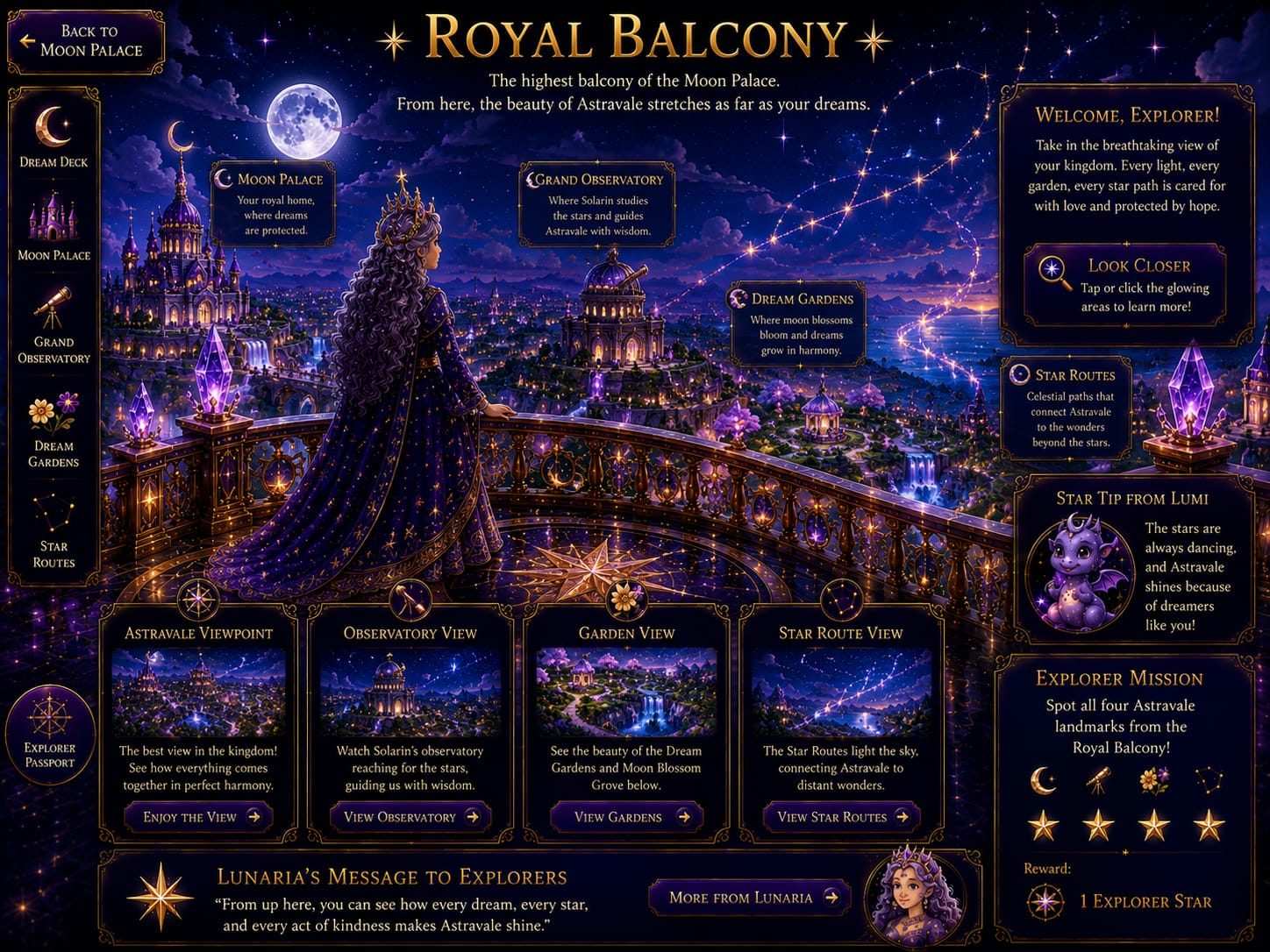 Royal Balcony - The highest balcony of the Moon Palace. From here, the beauty of Astravale stretches as far as your dreams.