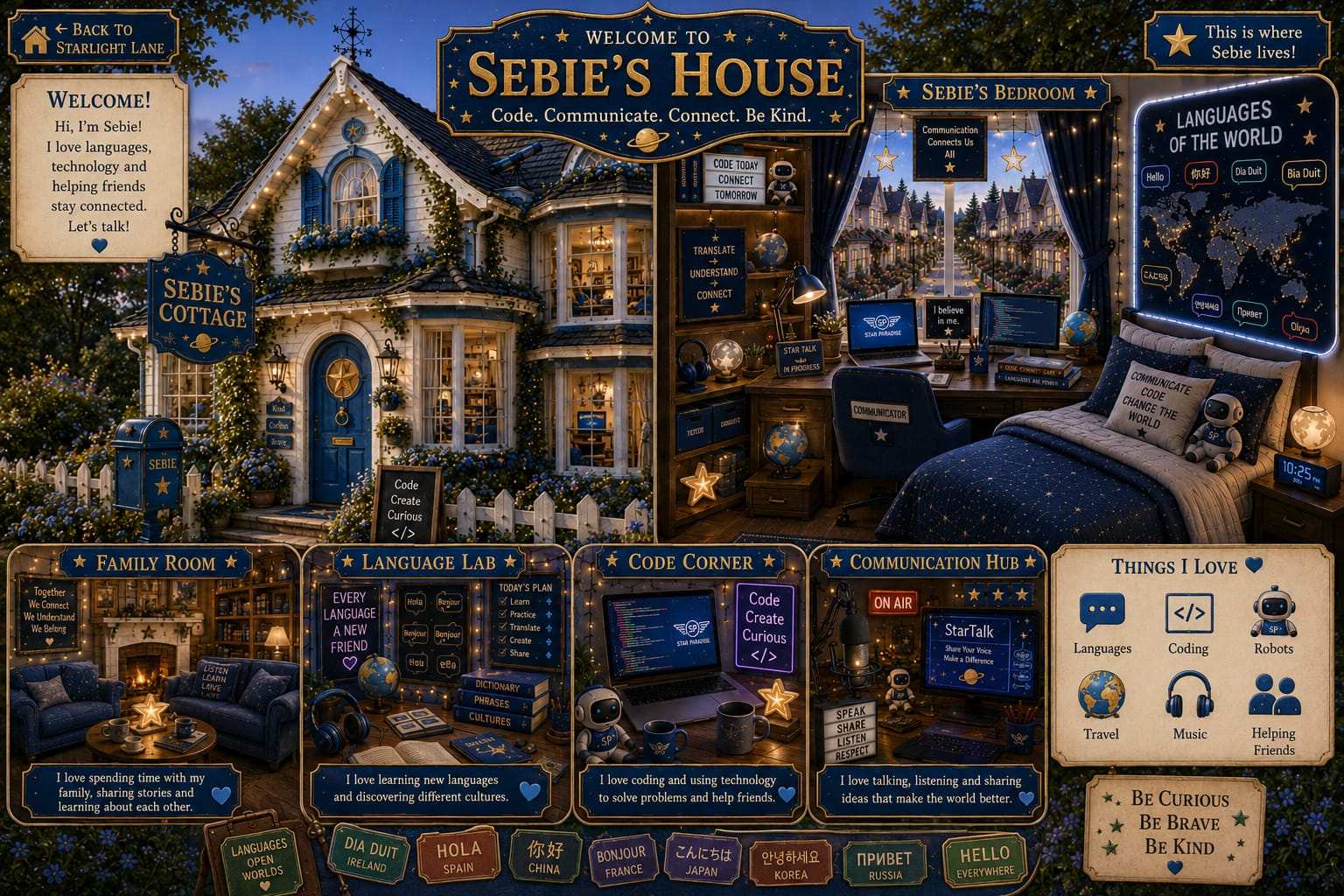Welcome to Sebie's House - Code. Communicate. Connect. Be Kind. Sebie loves languages, technology and helping friends stay connected.