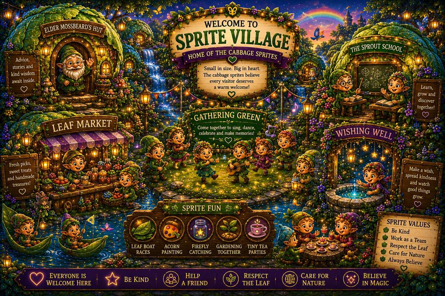 Sprite Village landing page, home of the cabbage sprites with Gathering Green, Elder Mossbeard, Leaf Market, Sprout School and Wishing Well.
