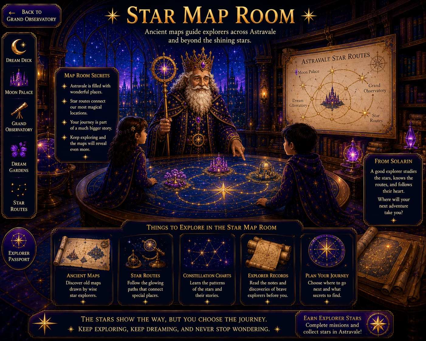 Star Map Room - Ancient maps guide explorers across Astravale and beyond the shining stars.