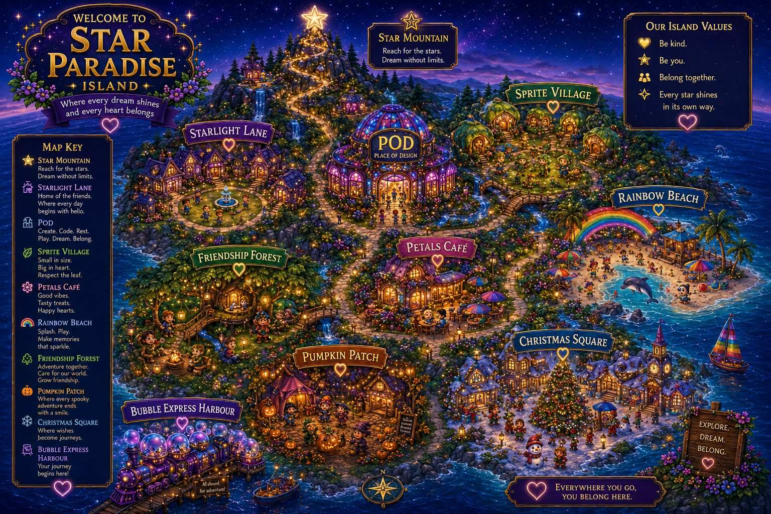 Welcome to Star Paradise Island - Where every dream shines and every heart belongs. Map showing Star Mountain, Starlight Lane, POD, Sprite Village, Rainbow Beach, Friendship Forest, Petals Cafe, Pumpkin Patch, Christmas Square, and Bubble Express Harbour.