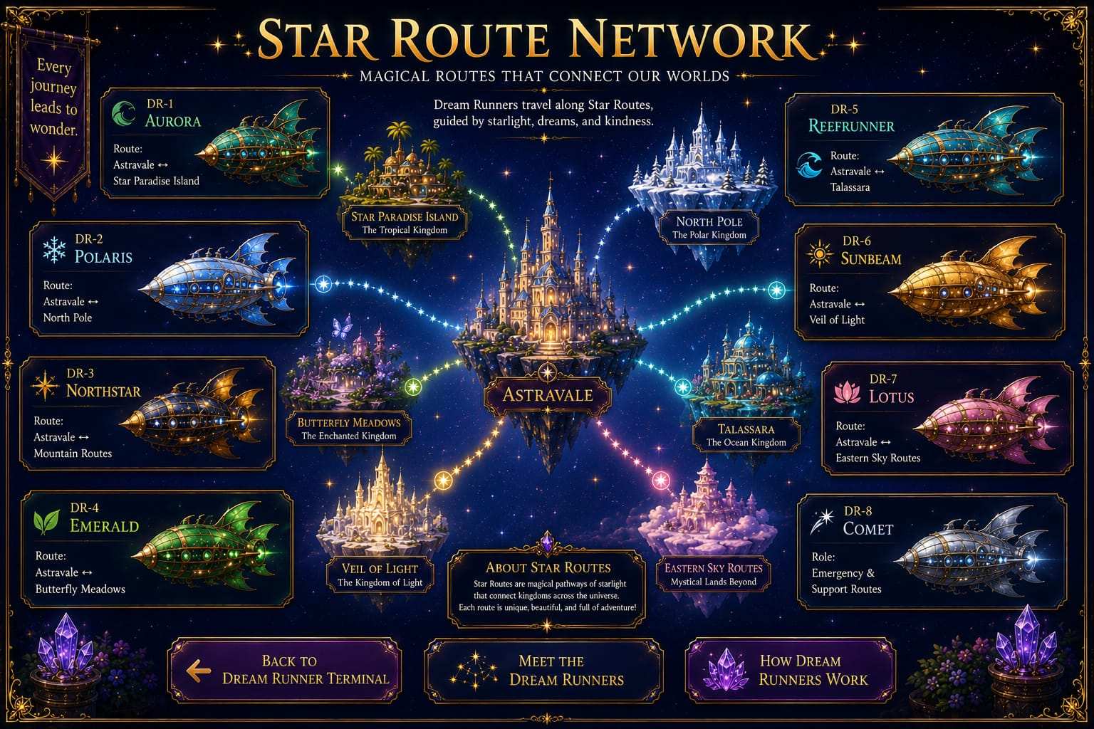 Star Route Network - Magical Routes That Connect Our Worlds. Dream Runners travel along Star Routes, guided by starlight, dreams, and kindness.