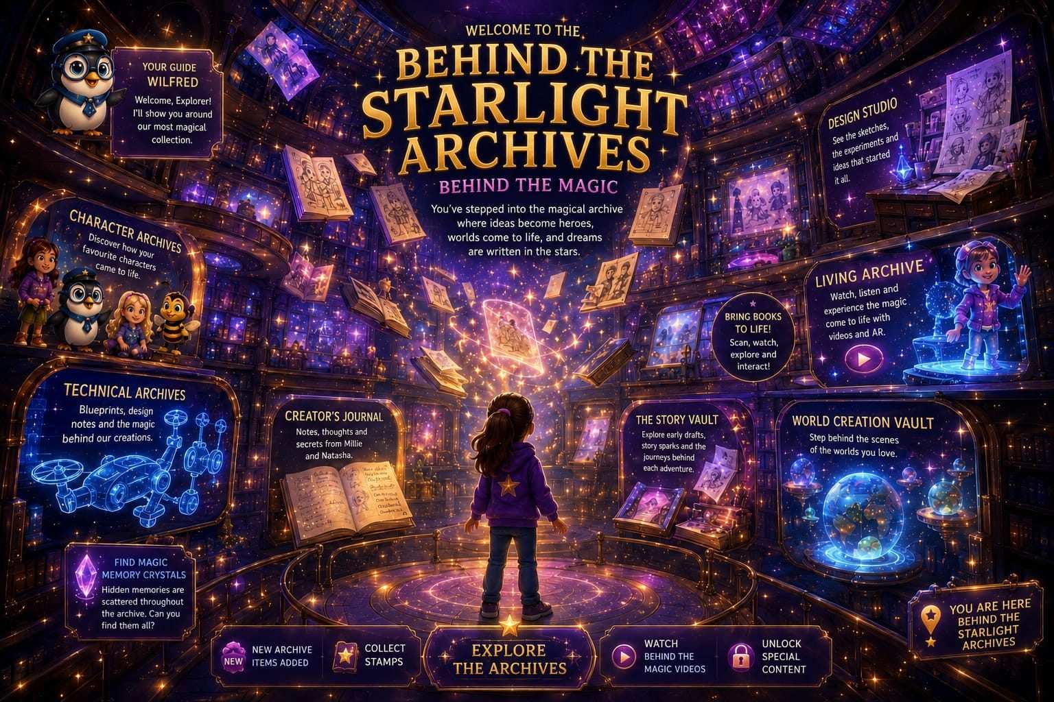 Welcome to the Starlight Archives – Behind the Magic. An enchanted archive room with glowing books, floating pages, and magical displays showing Character Archives, Design Studio, Technical Archives, Creator's Journal, The Story Vault, World Creation Vault, Living Archive, and more.