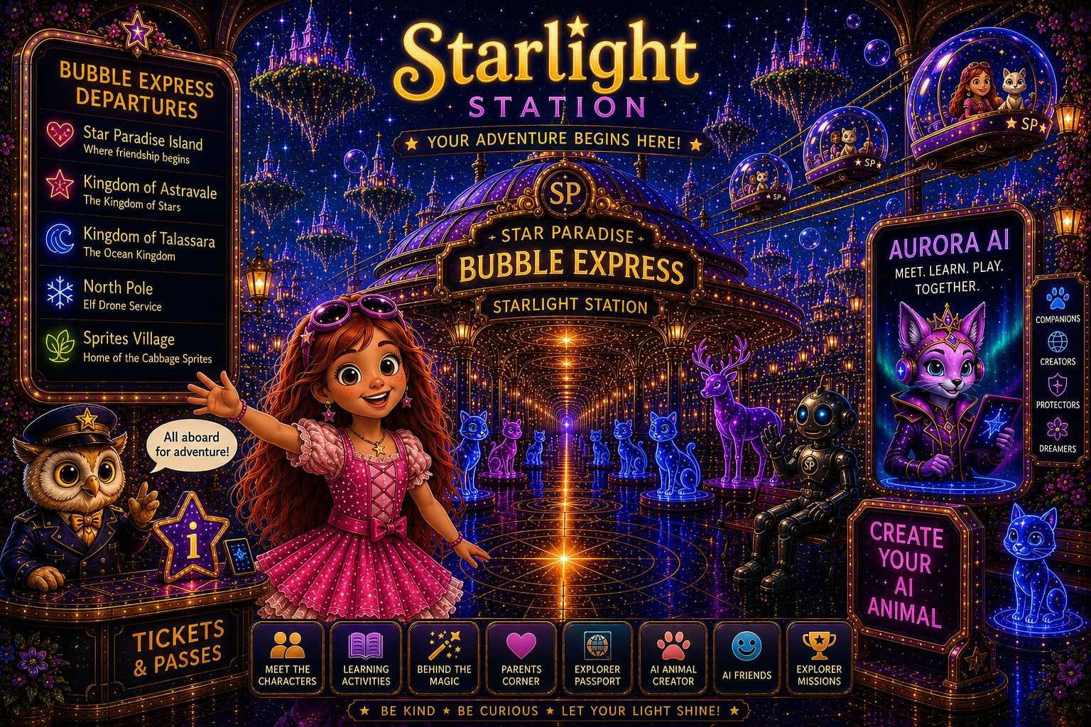Official Starlight Station landing page with Luna, Wilfred, Aurora AI, Bubble Express departures and activity buttons.