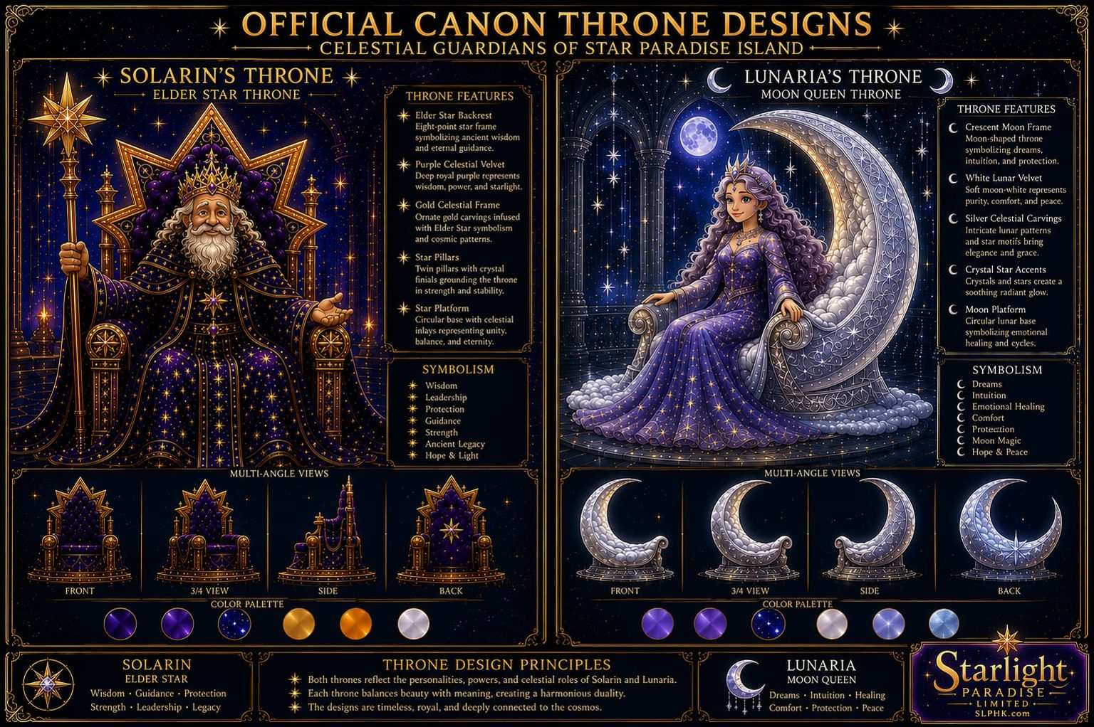 Official Canon Throne Designs - Celestial Guardians of Star Paradise Island. Solarin's Elder Star Throne and Lunaria's Moon Queen Throne.